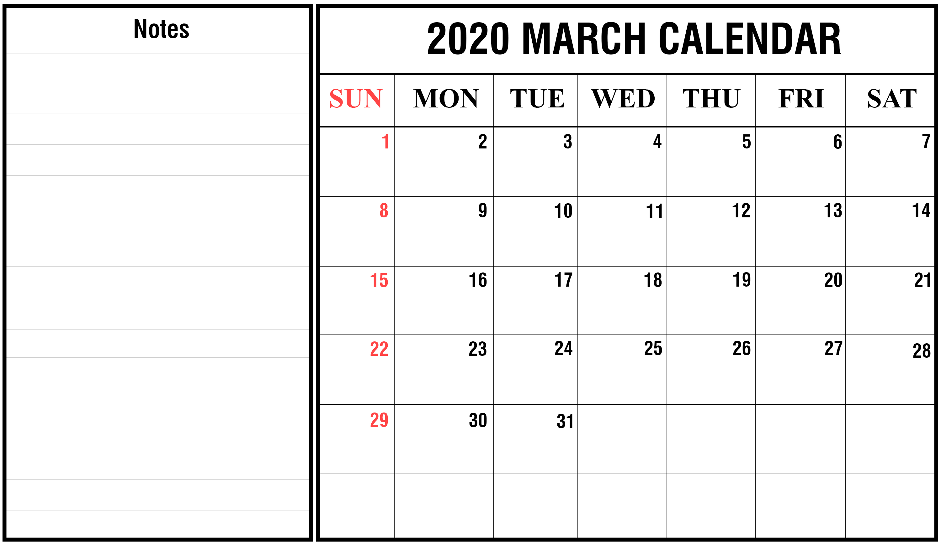 2020 March Calendar Printable Editable Template Blank 2