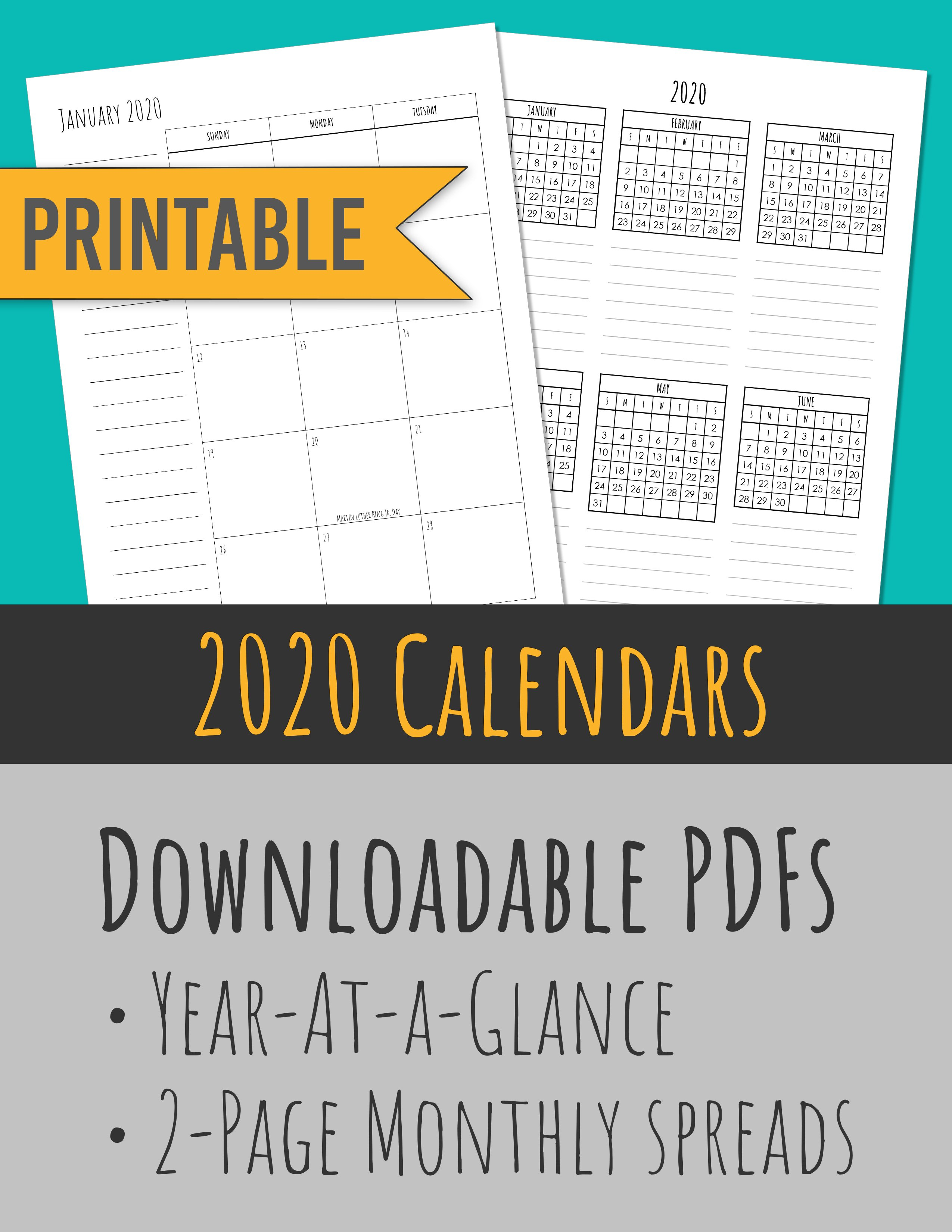 2020 Monthly Calendars + Year-At-A-Glance | Skinny Handwriting