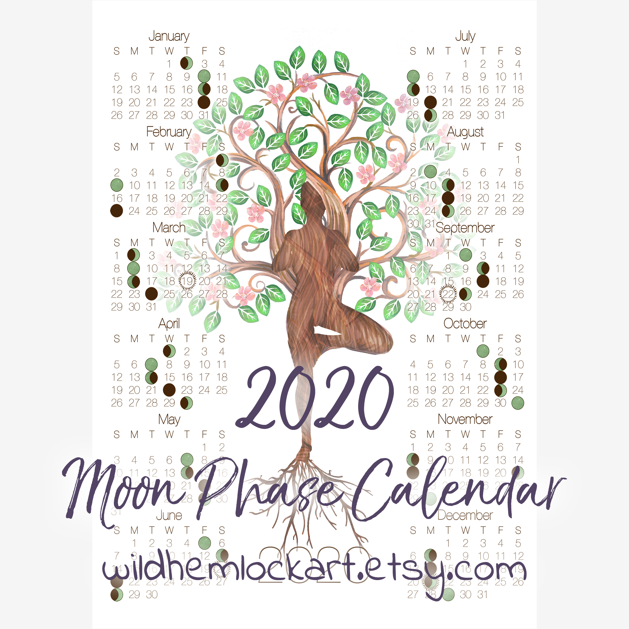 2020 Moon Phase Calendar - Lunar Calender With Tree Of Life