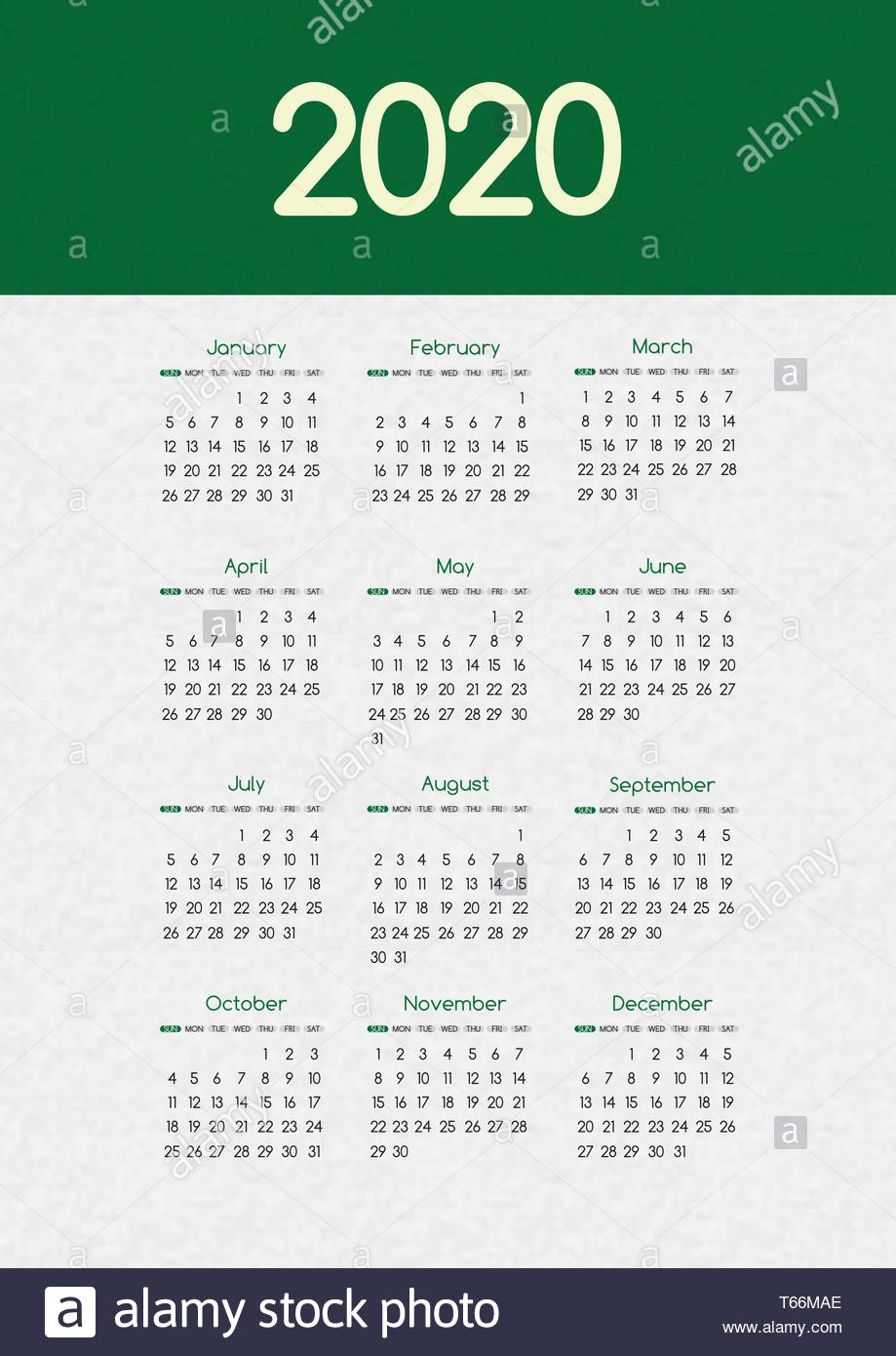 2020 New Year Vector Calendar Modern Simple Green Design