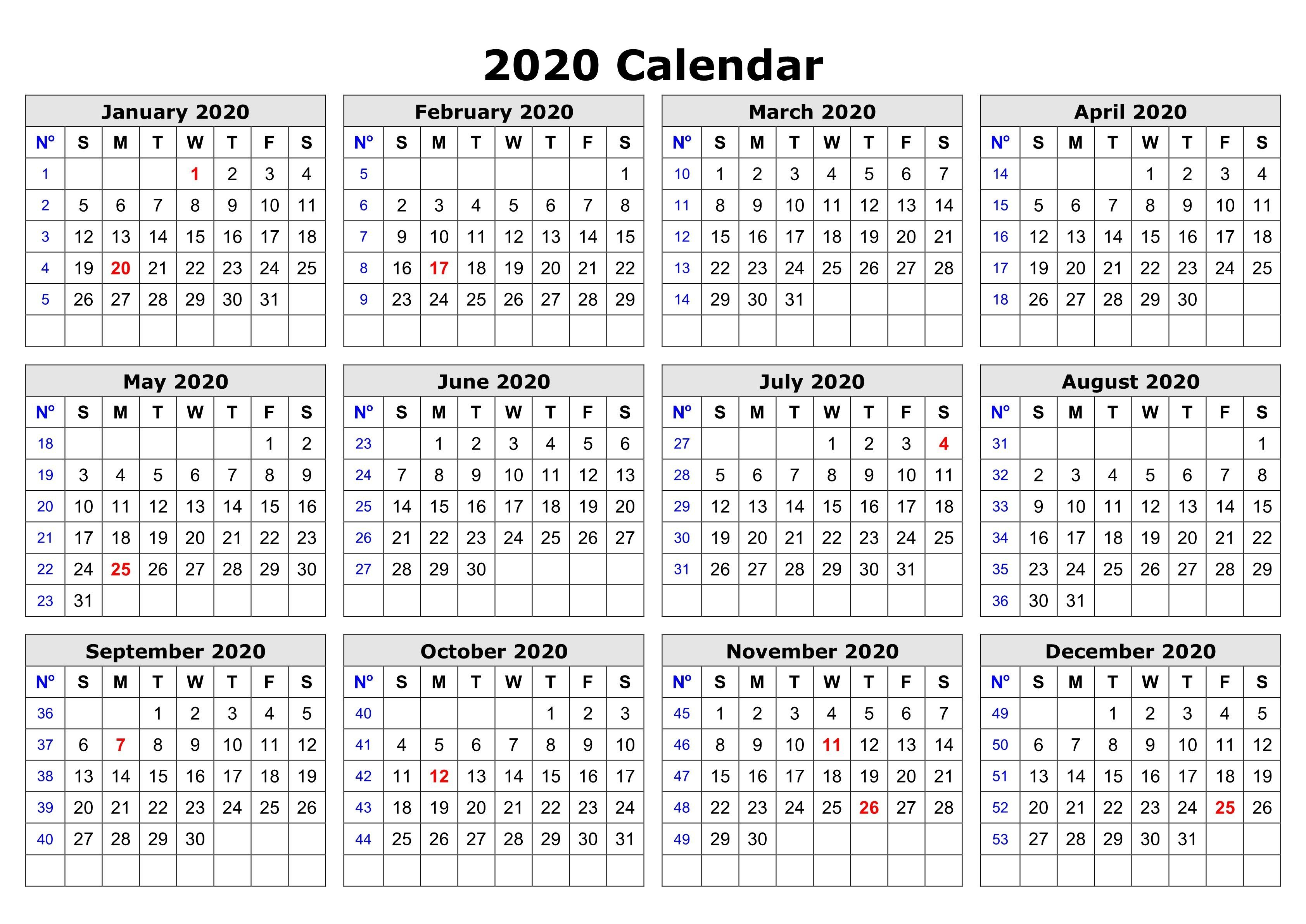 2020 One Page Calendar Printable | Free Printable Calendar