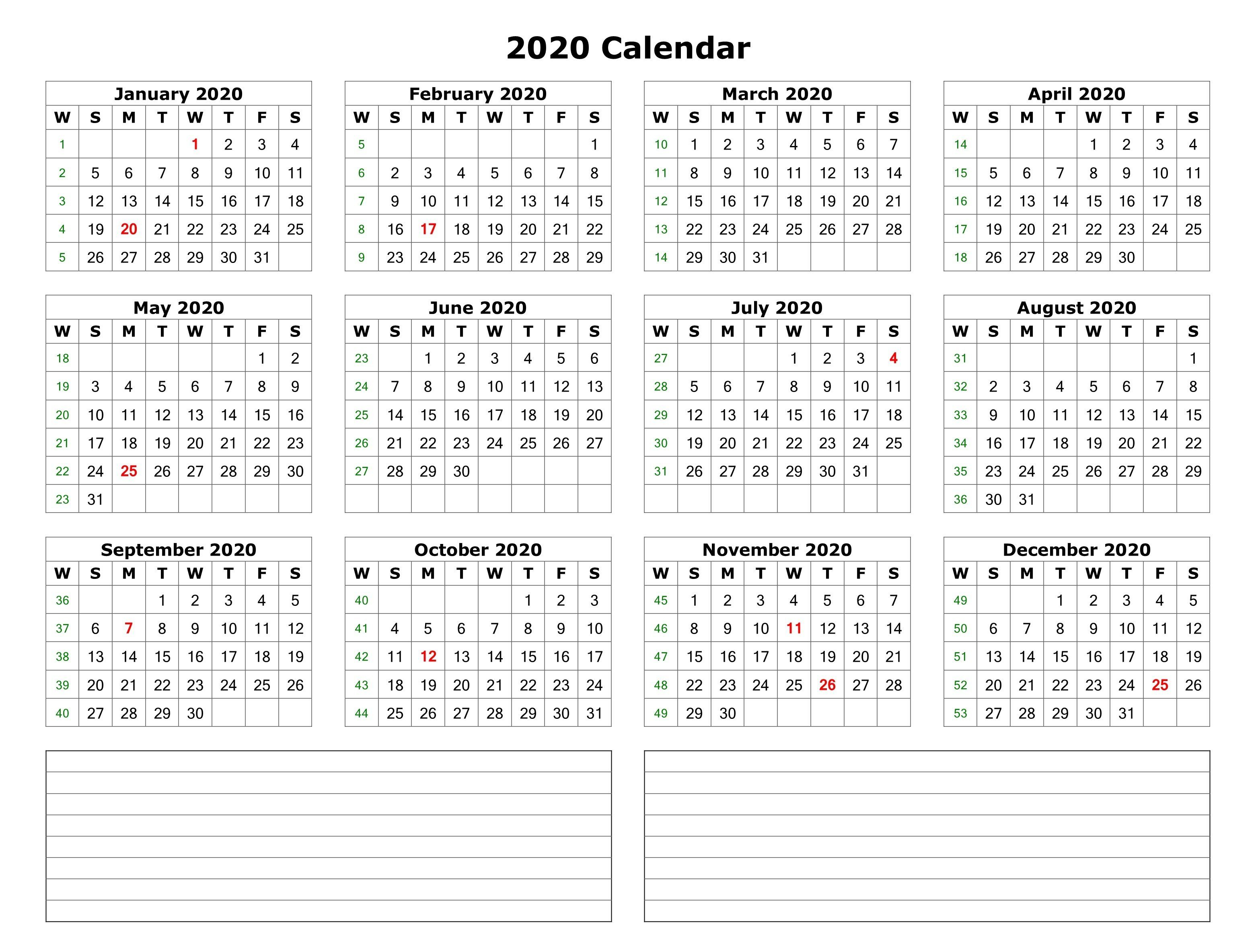 2020 One Page Calendar With Notes | Printable Yearly