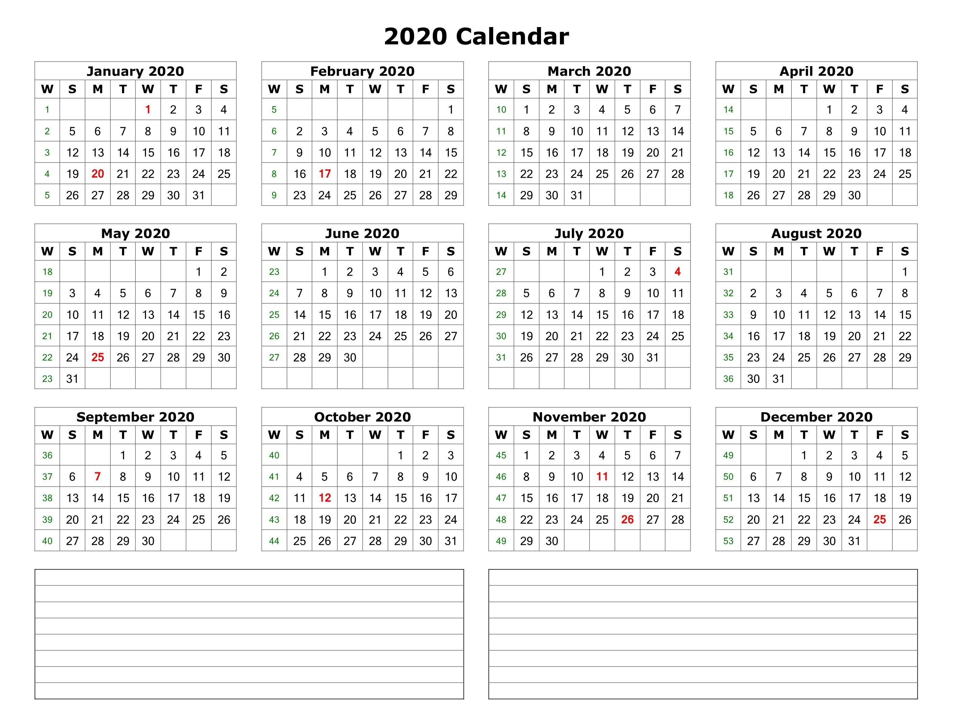 Free Printable Calendar With Notes 2020 | Calendar Printables Free ...