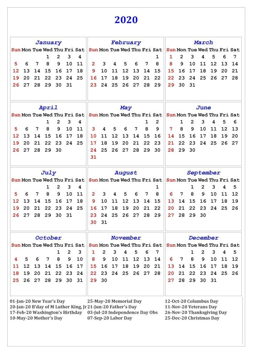 2020 One Page Holidays Portrait Calendar | November Calendar