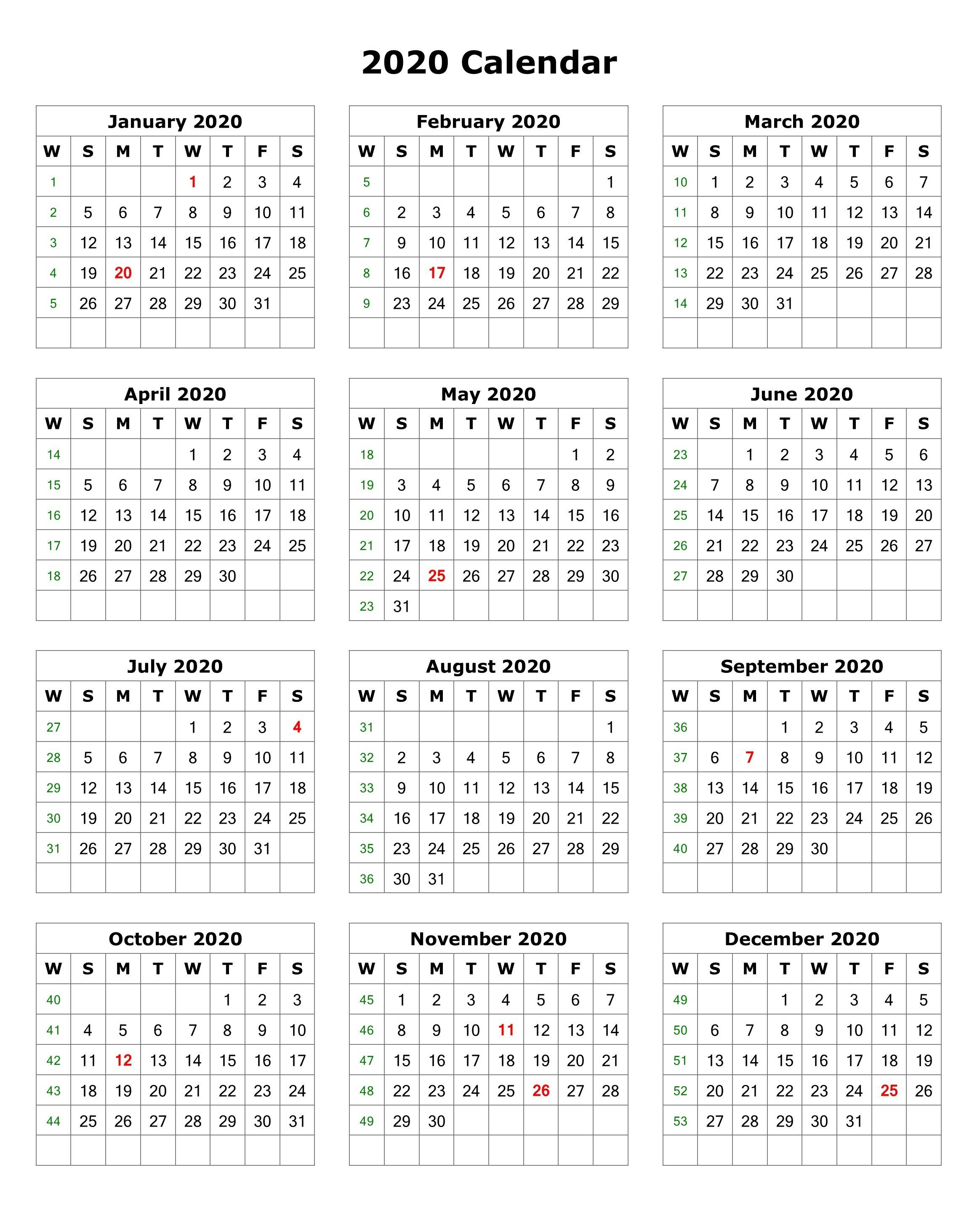 2020 One Page Portrait Calendar | Printable Calendar 2020