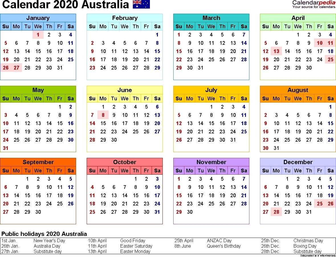 Year 2020 Calendar Australia