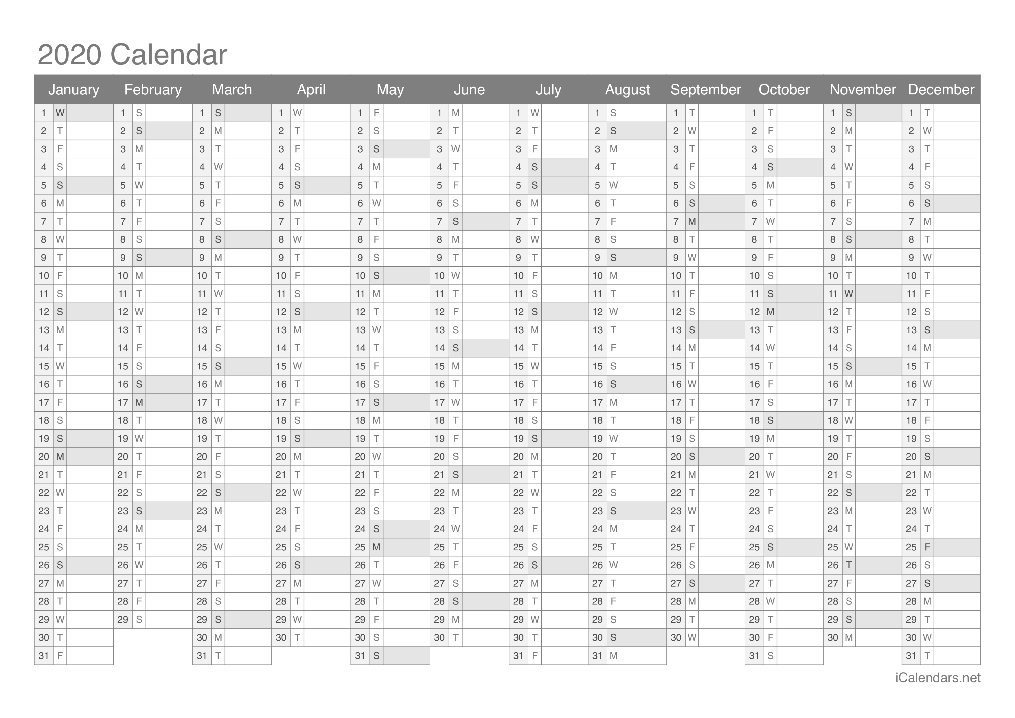 2020 Printable Calendar - Pdf Or Excel - Icalendars