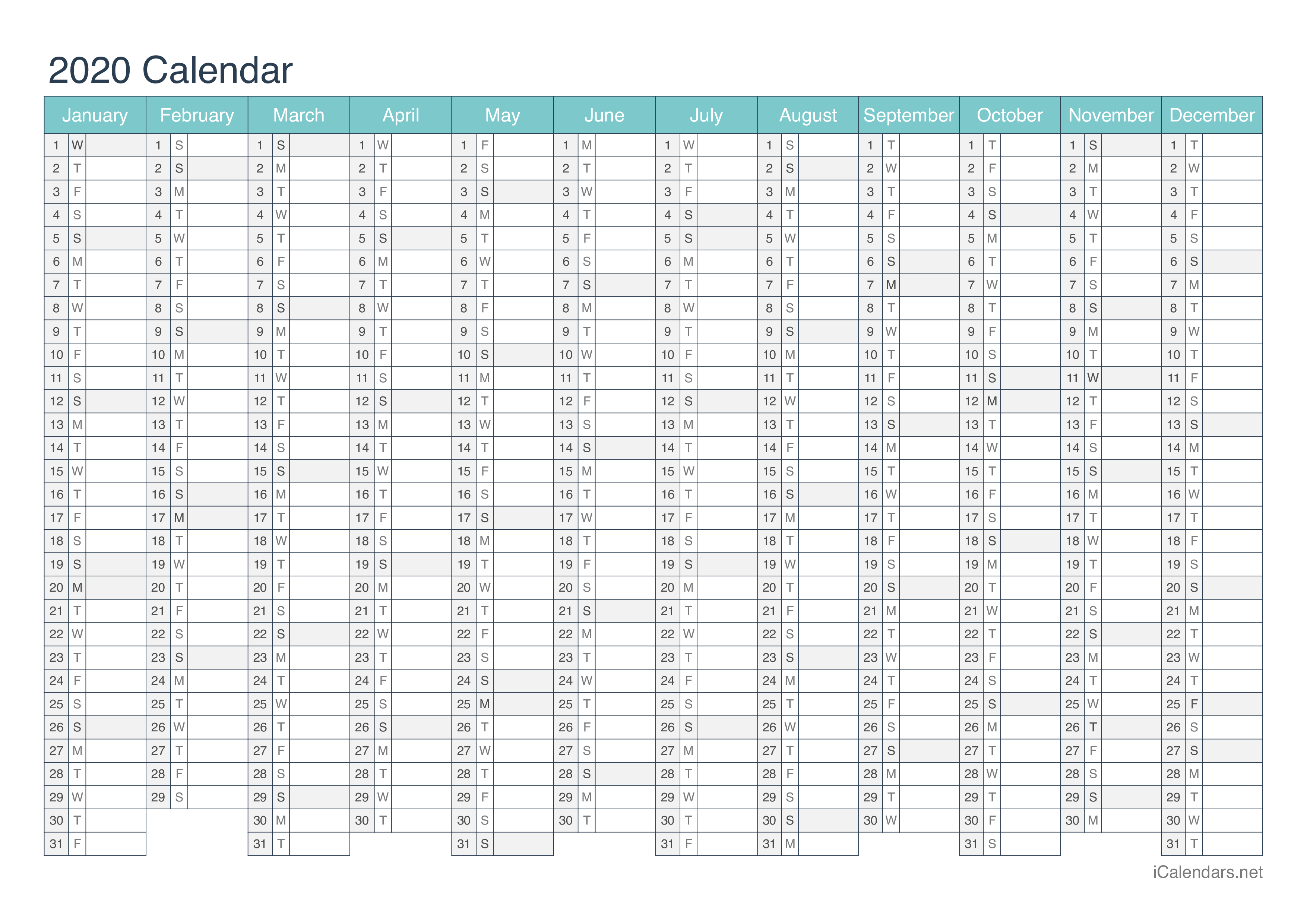 2020 Printable Calendar - Pdf Or Excel - Icalendars