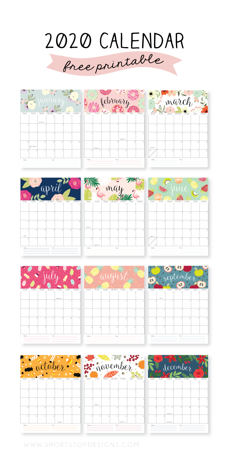 2020 Printable Calendar – Short Stop Designs