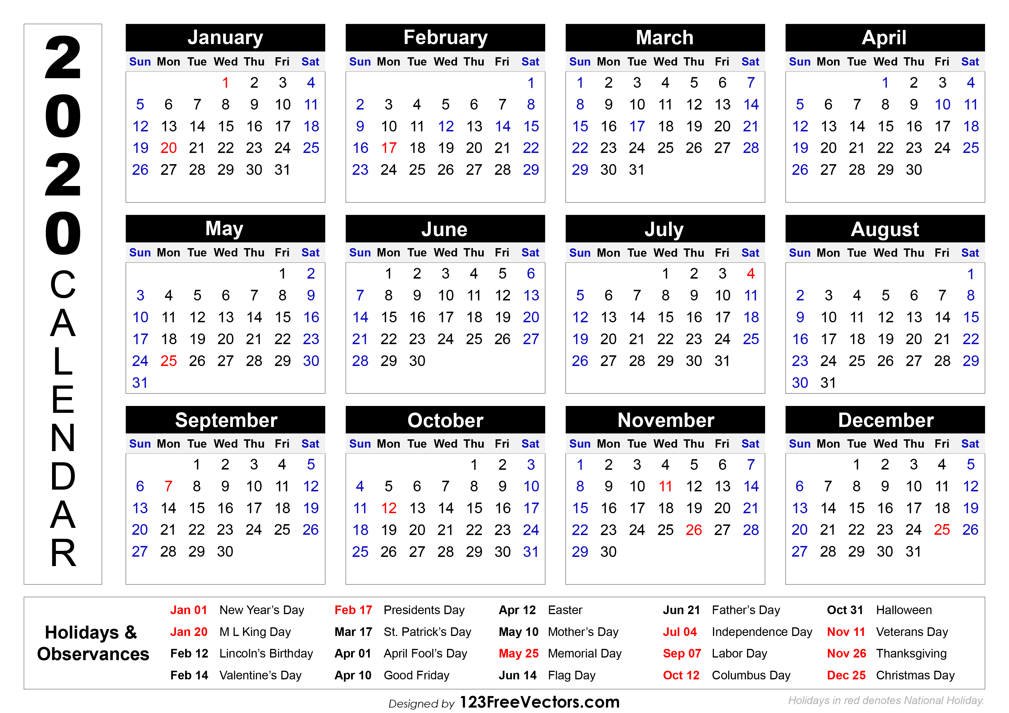 2020 Printable Calendar With Holidays