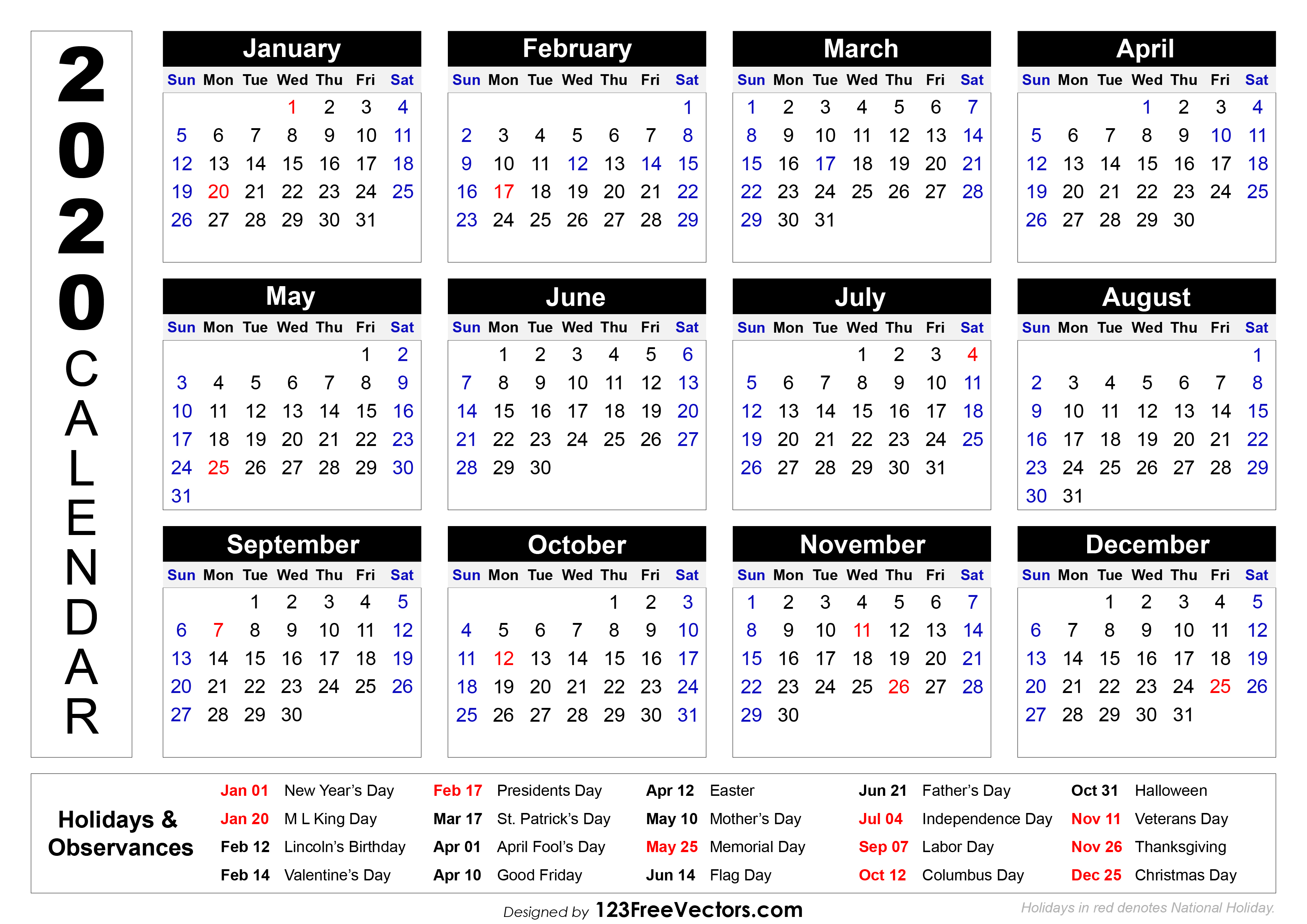 free download calendar with holidays 2020