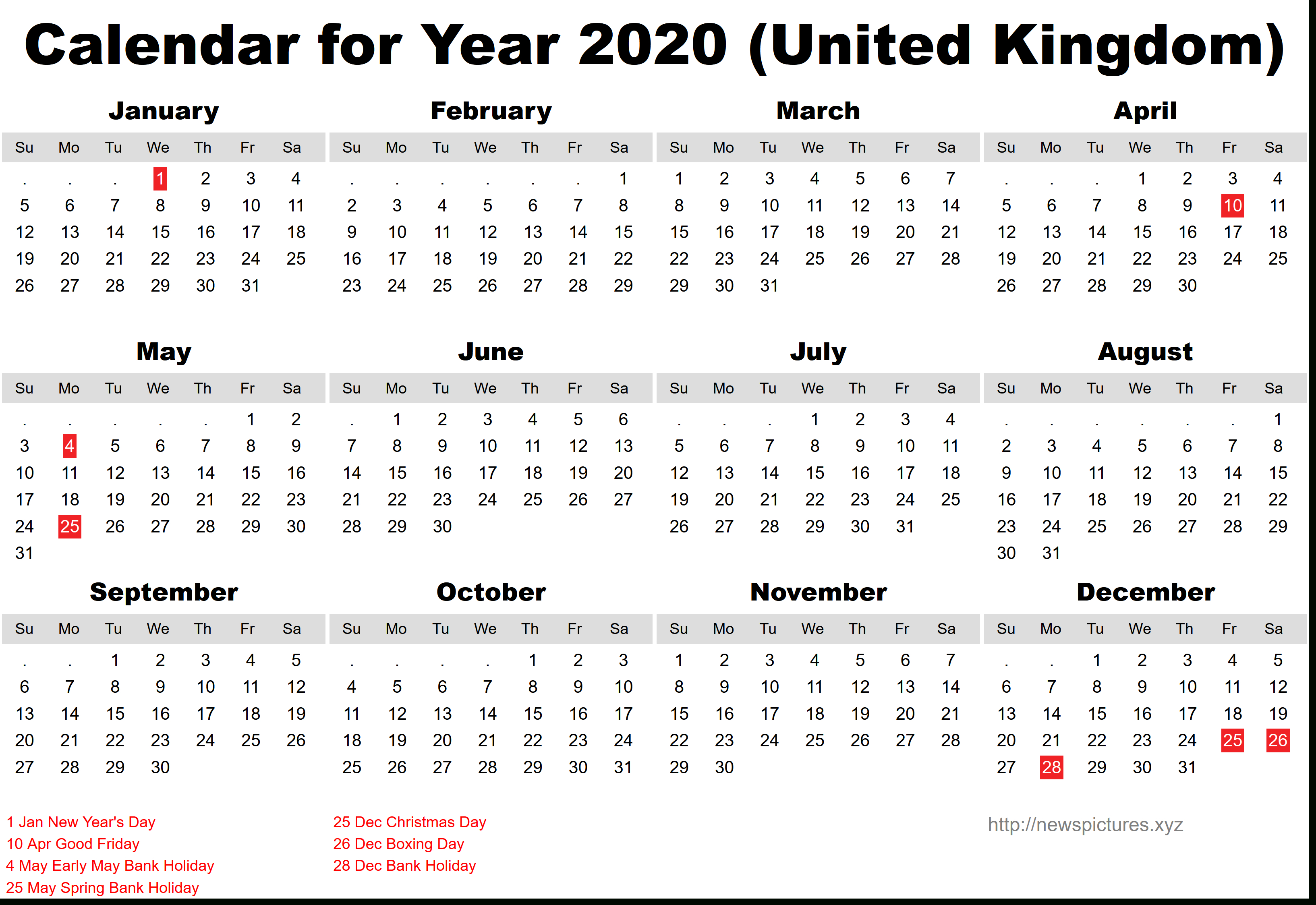 Print Calendar Uk 2020