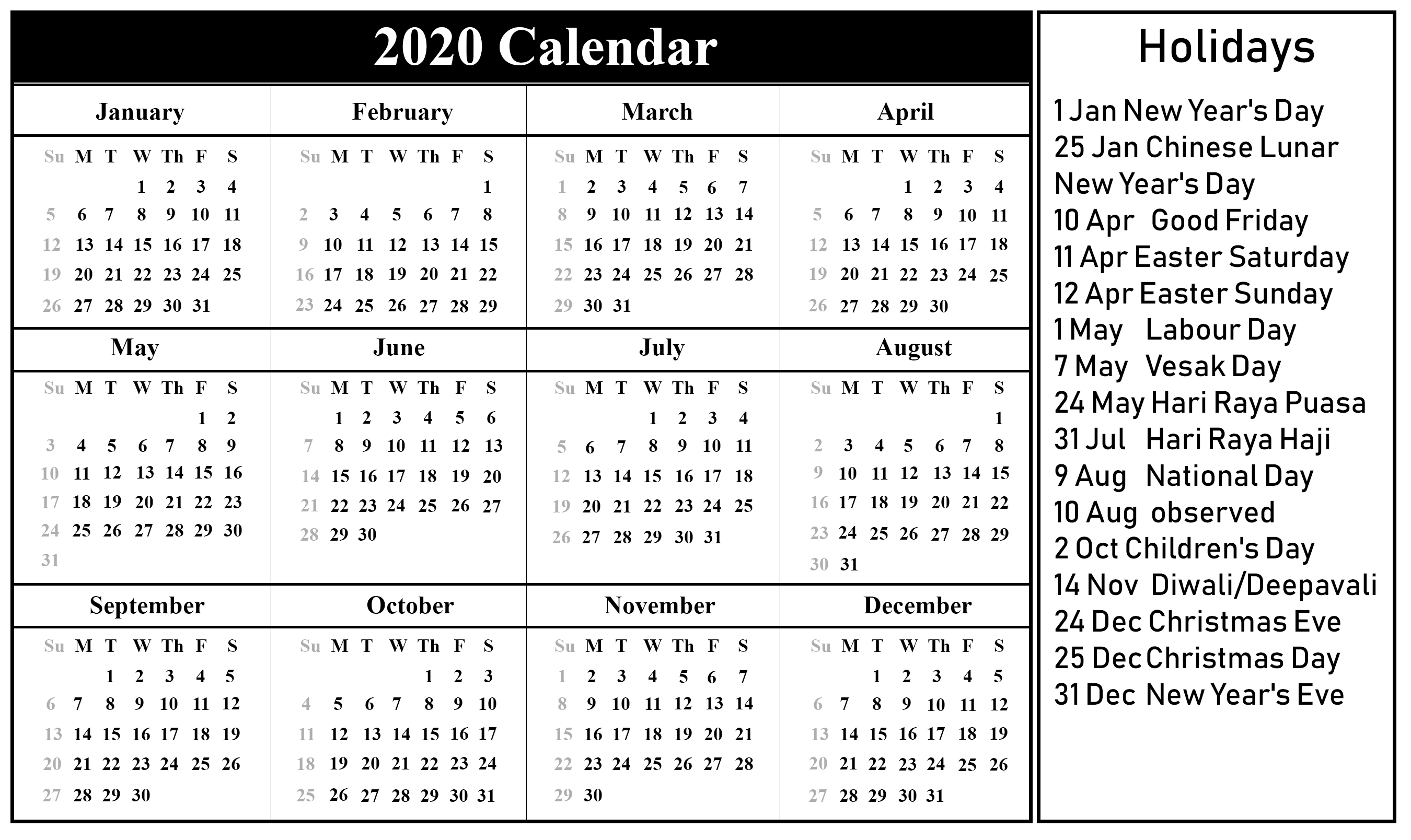 2020 Printable Calendars With Holidays - Wpa.wpart.co