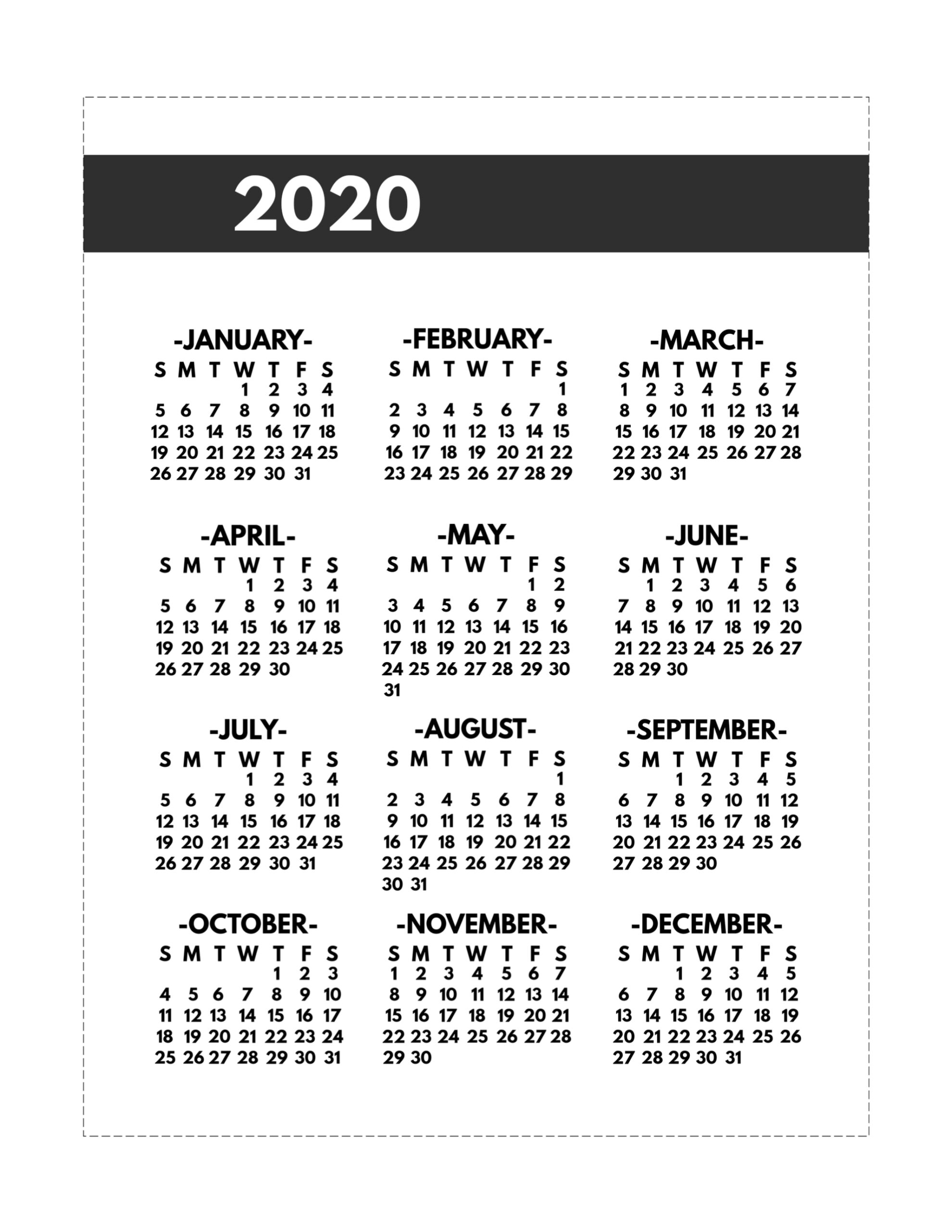 2020 Printable One Page Year At A Glance Calendar - Paper