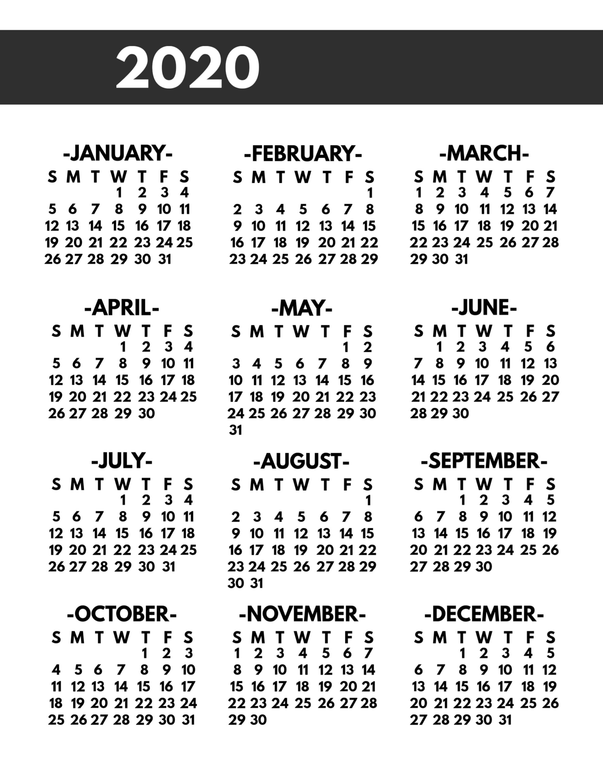 Calendar 2020 Big Numbers Calendar Printables Free Templates