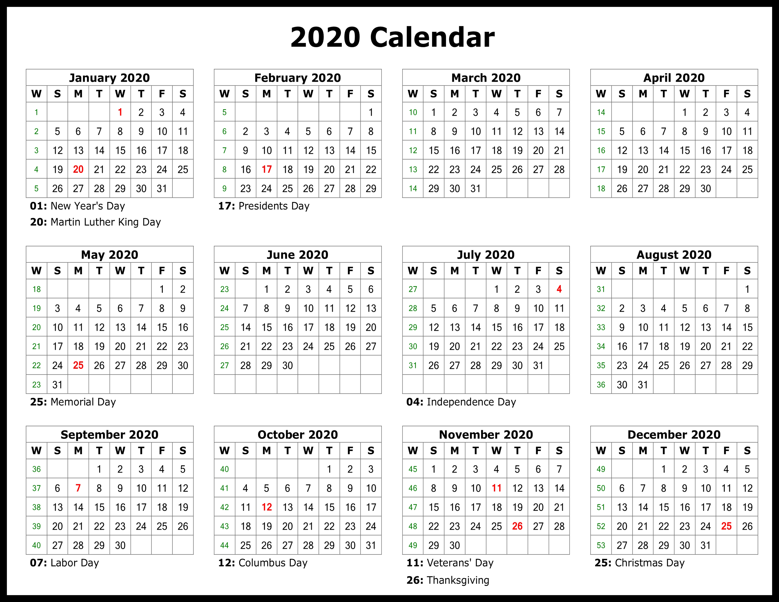 2020 Printable Yearly Calendar With Holidays - Wpa.wpart.co