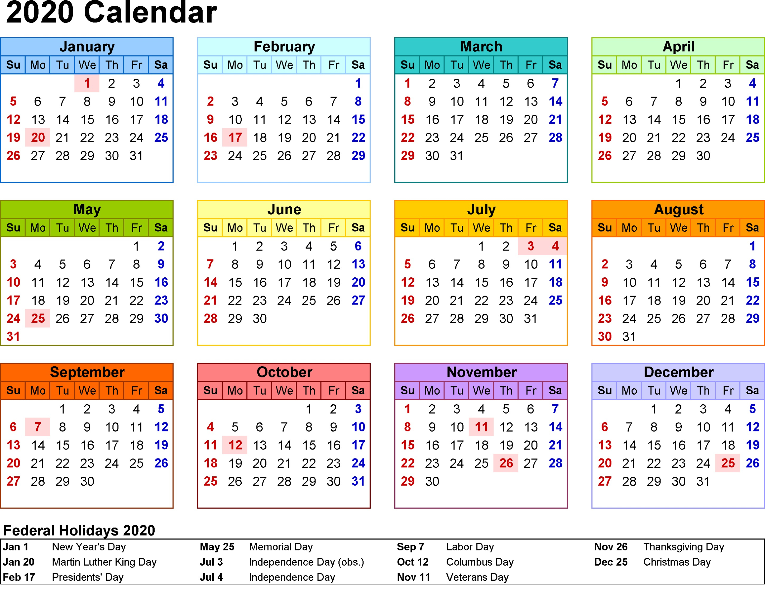 2020 Printable Yearly Calendar With Holidays - Wpa.wpart.co