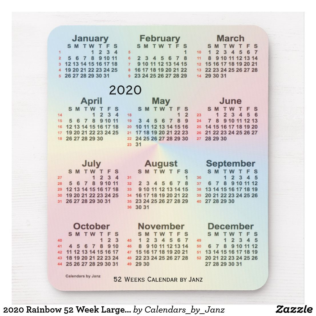 2020 Rainbow 52 Week Large Print Calendarjanz Mouse Pad