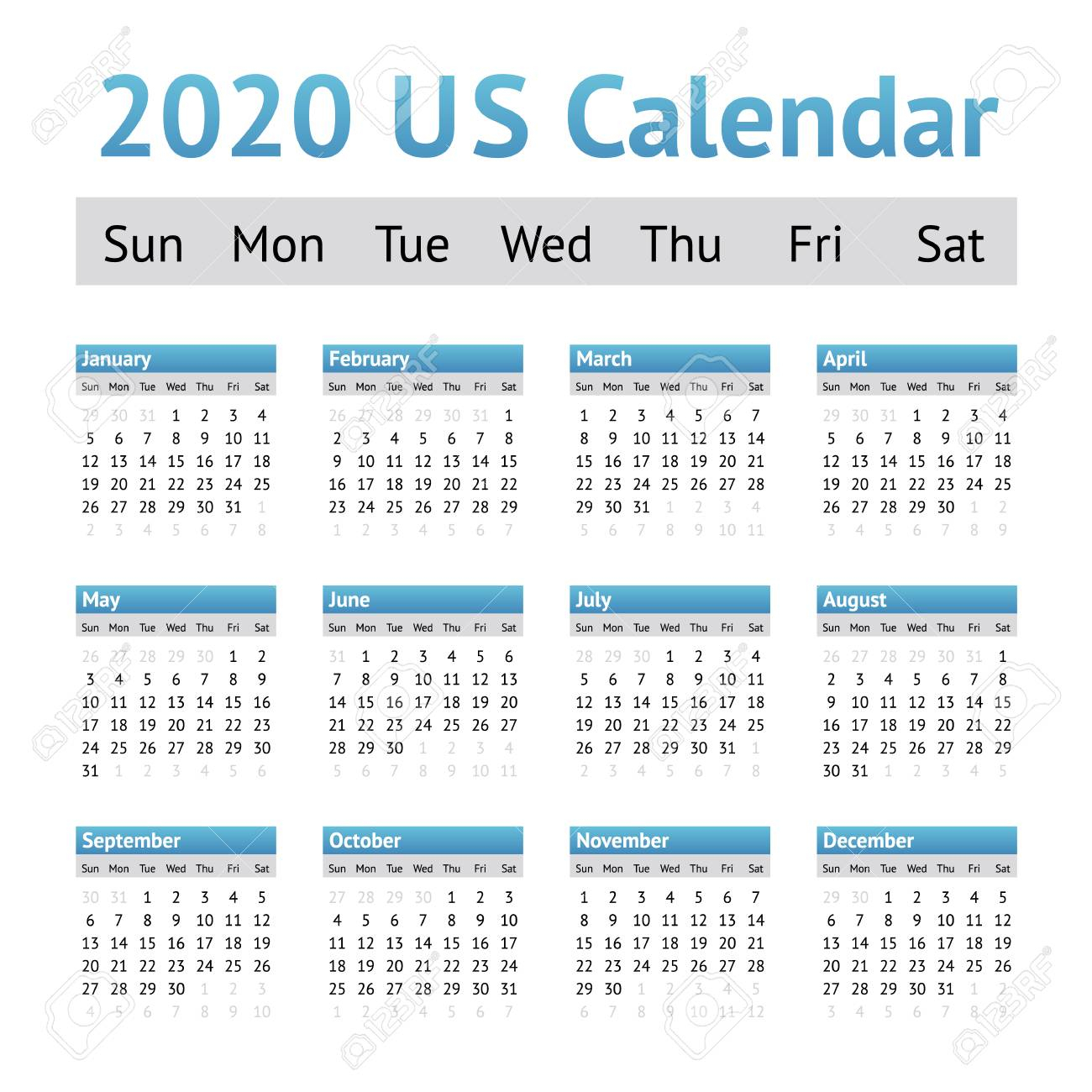 2020 Us American English Calendar. A Week Starts On Sunday
