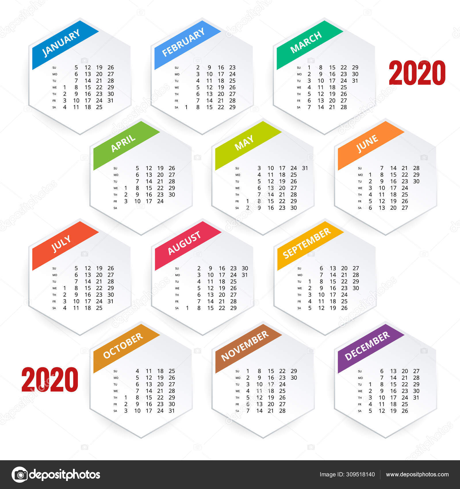 2020 Year Calendar. Holiday Event Planner. Week Starts