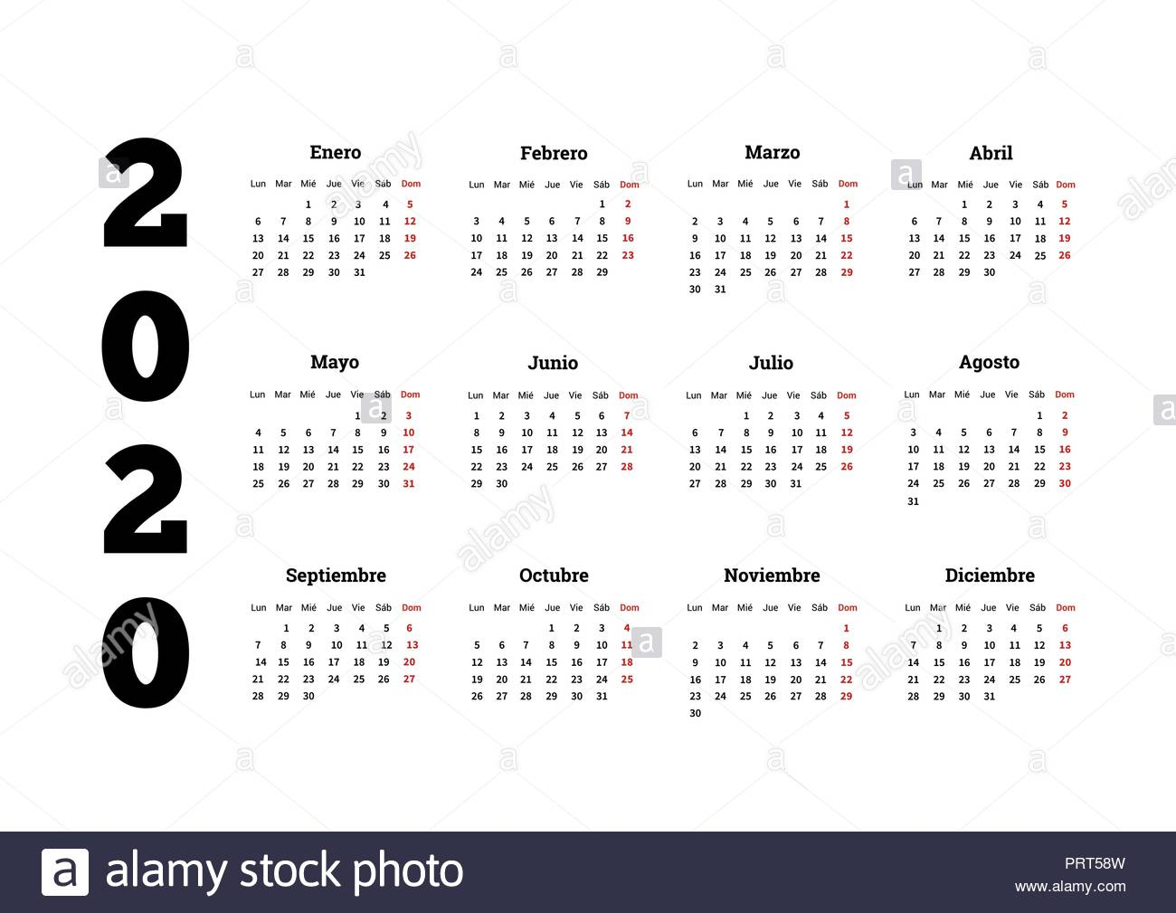 2020 Year Simple Calendar In Spanish, Isolated On White