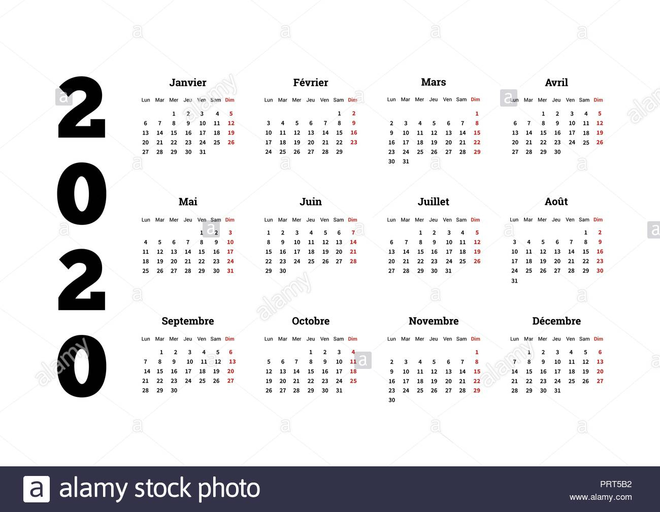 2020 Year Simple Calendar On French Language, Isolated On