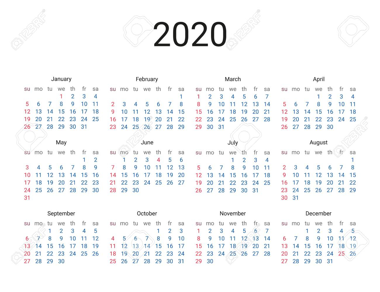 2020 Year Us Calendar. Classical, Minimalistic, Simple Design