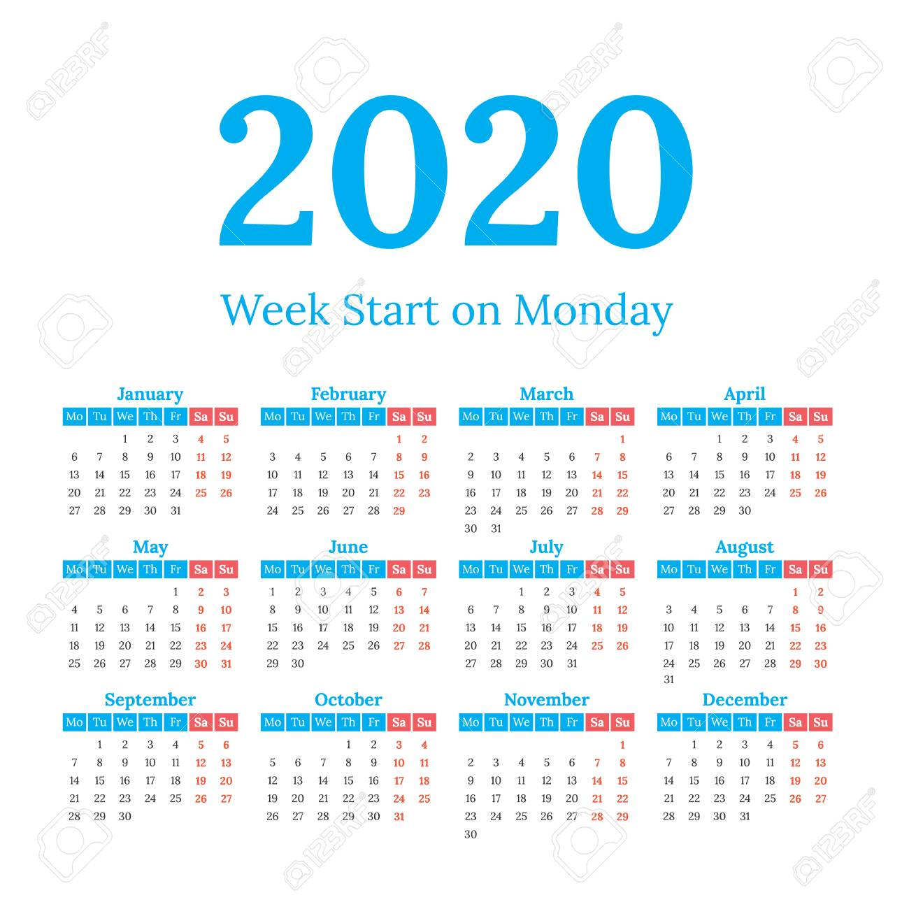 2020 Year Vector Calendar. Weeks Start On Monday