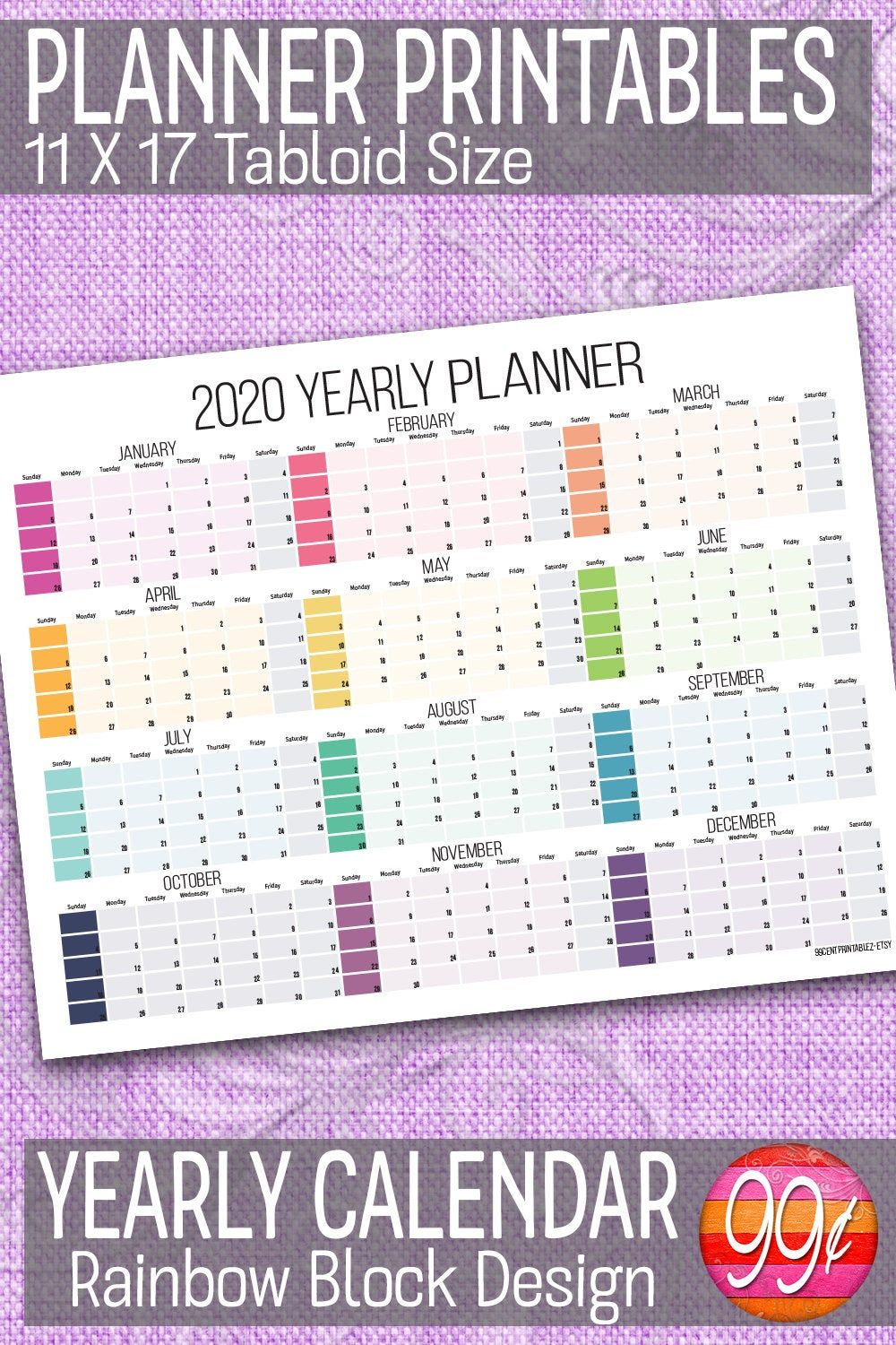 2020 Yearly Calendar | 11X17 | Printable | Color Block