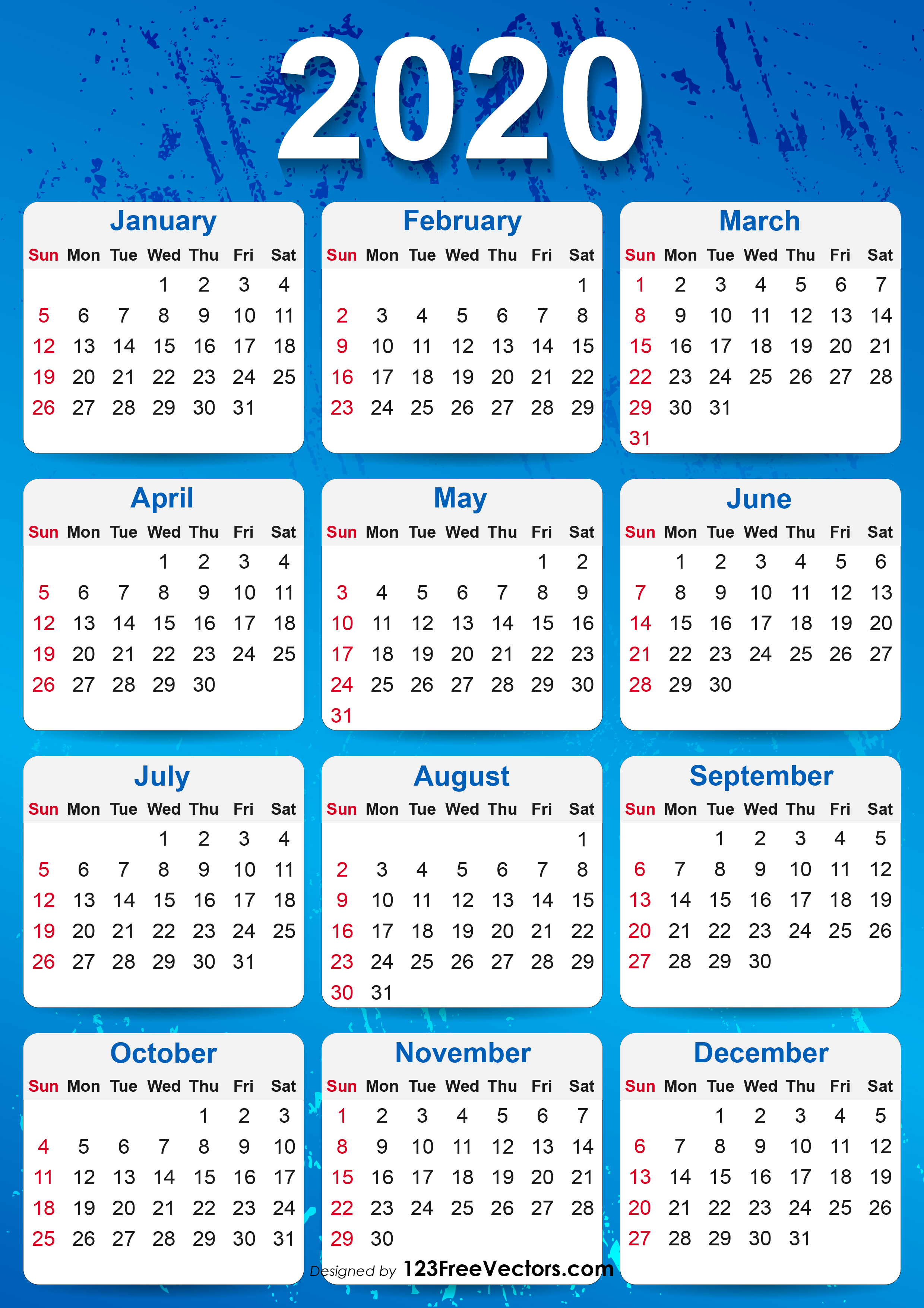 Printable Calendar 2020 Yearly Free 4x8