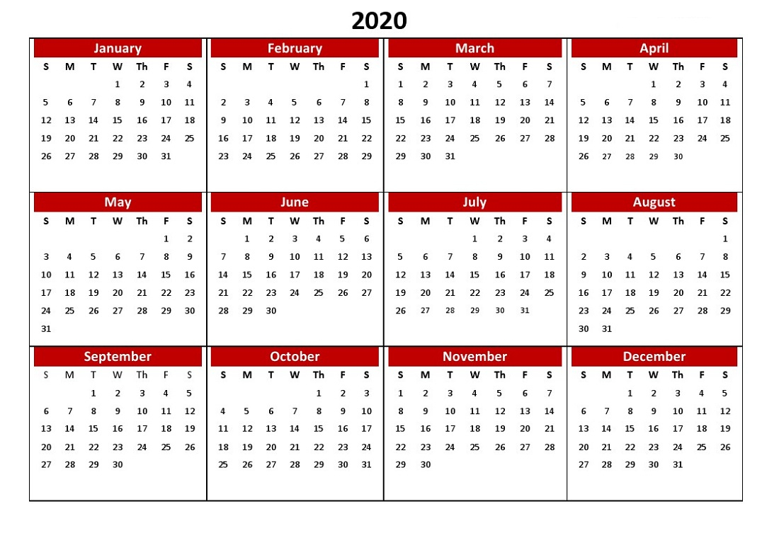 2020 Yearly Calendar Printable Full Usage | Calendar Shelter