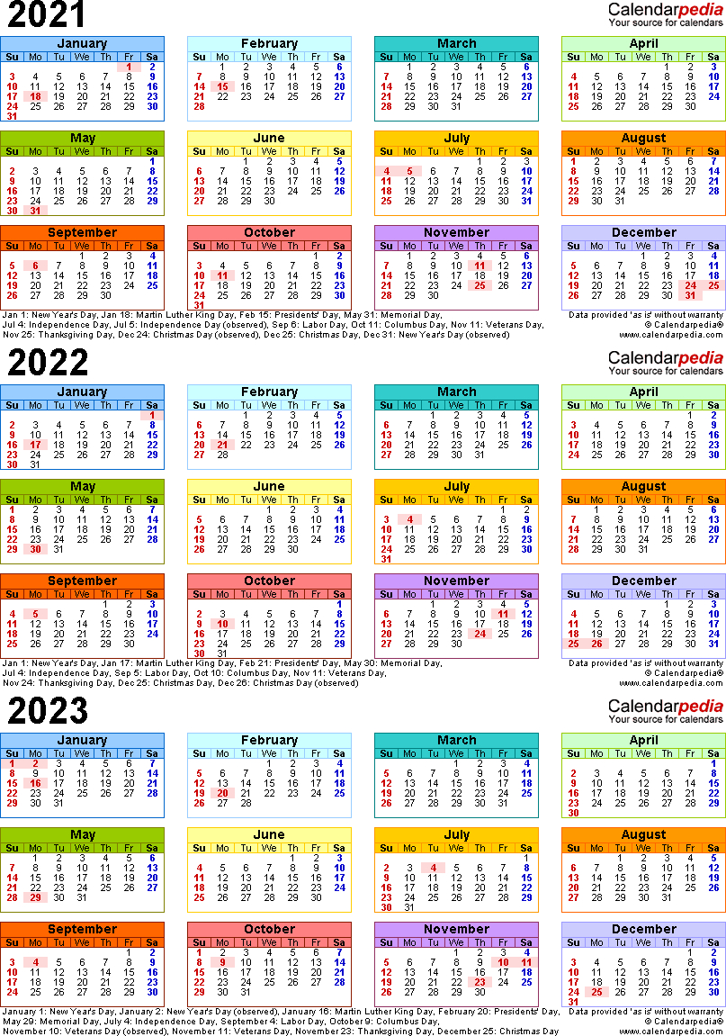 3 Year Calendar 2021 To 2023