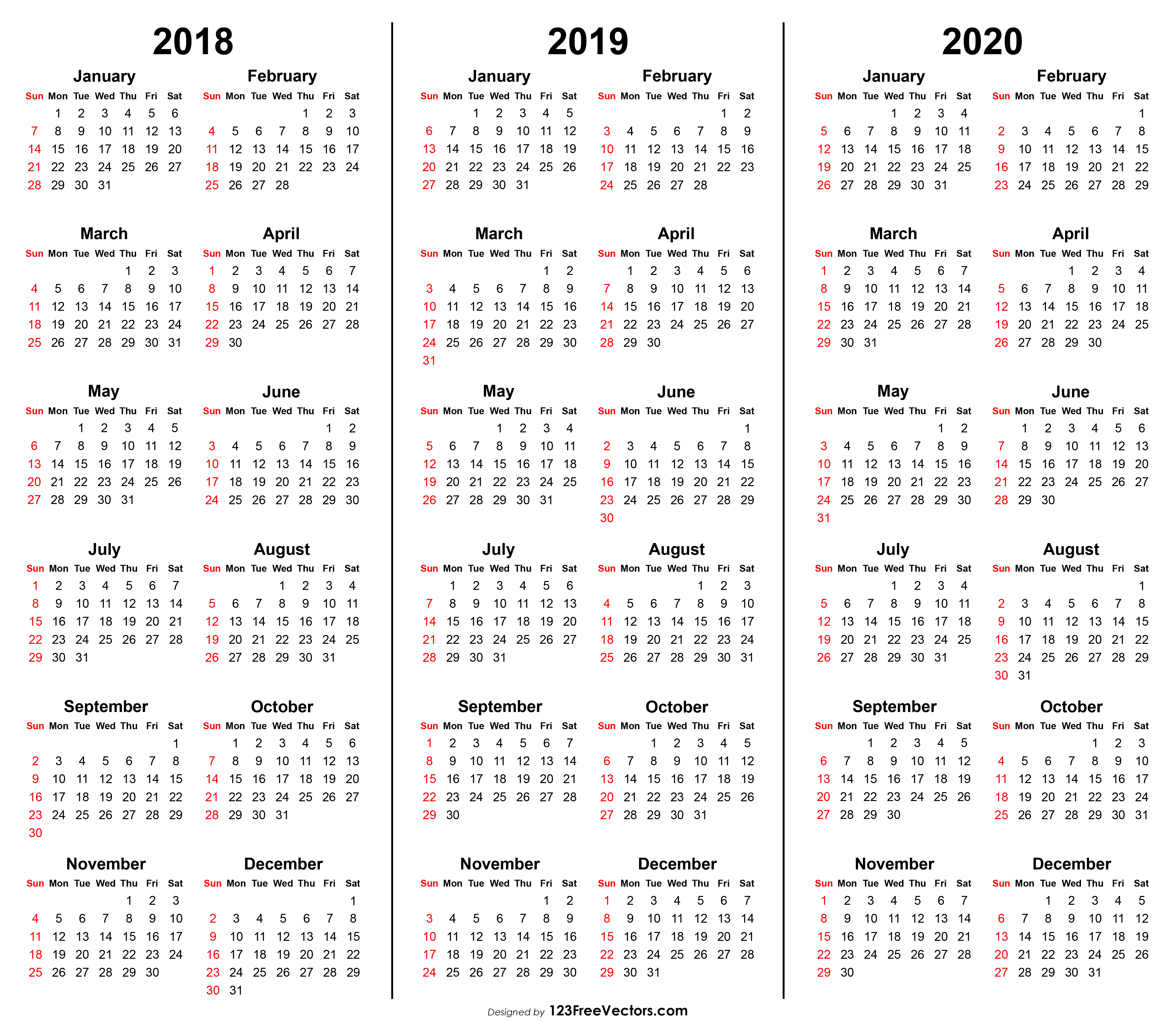 3 Year Calendar 2018 2019 2020 Printable