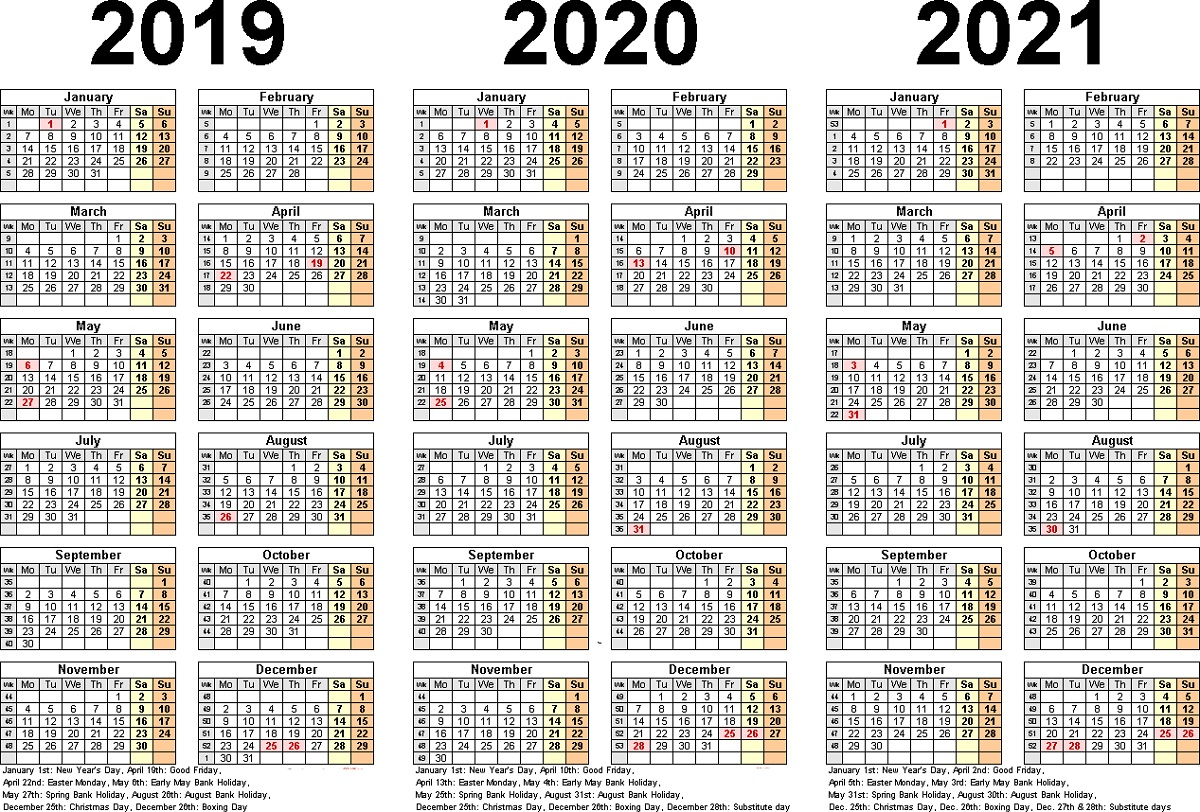 3 Year Calendar Printable 2019 2020 2021 For All Ages For