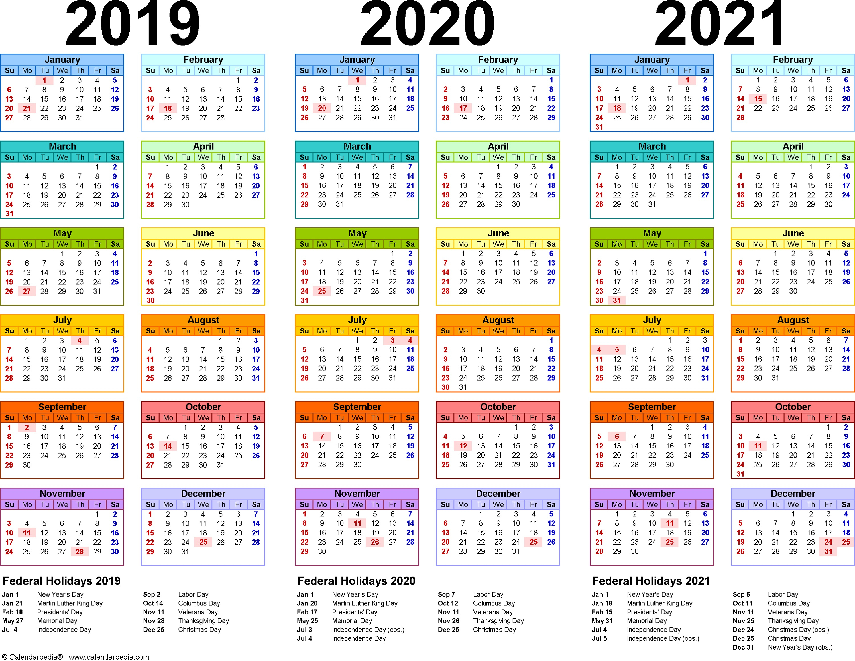 3 Year Calendar Printable 2019 2020 2021 For All Ages For
