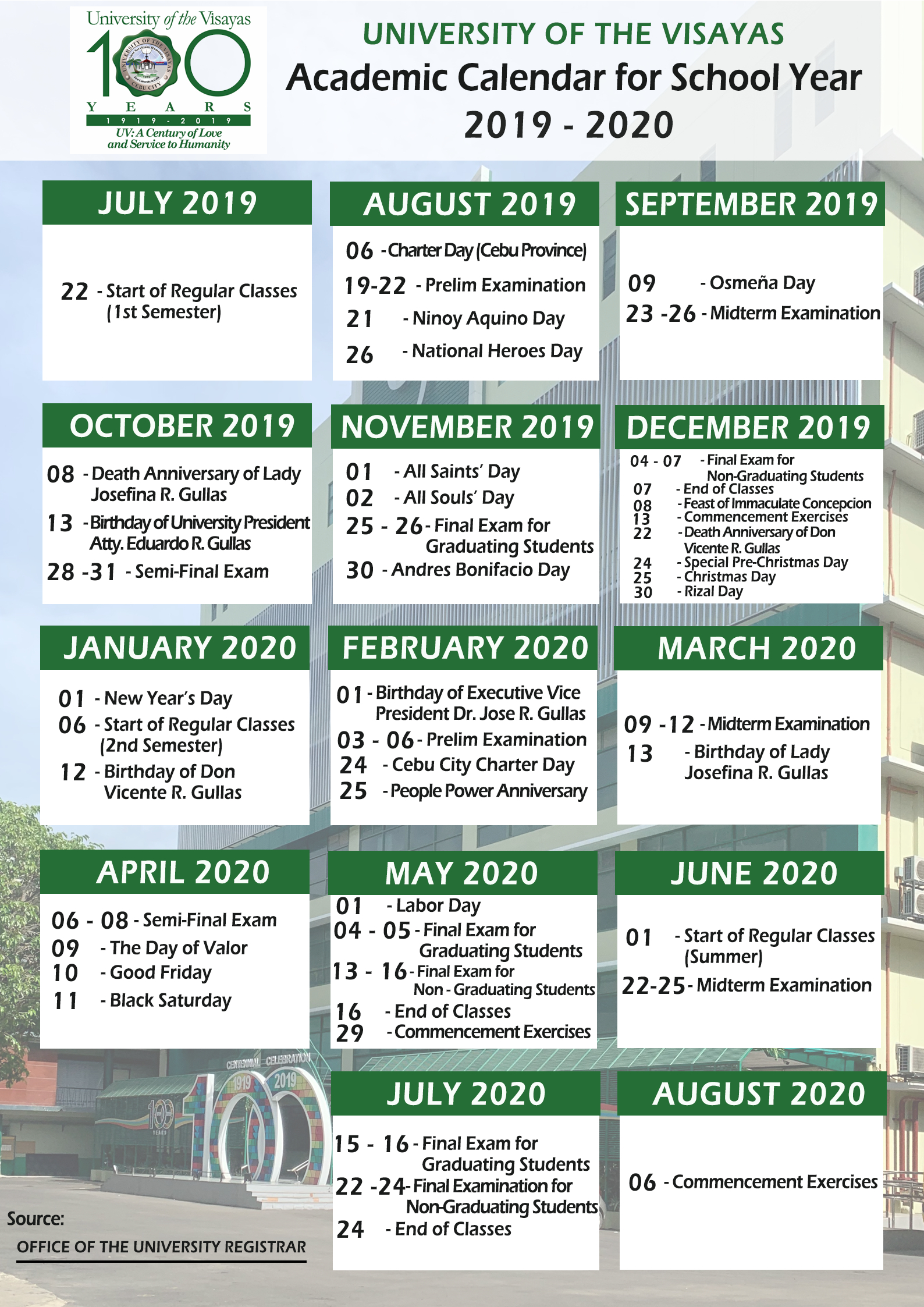 Academic Calendar For S.y 2019 – 2020 | University Of The