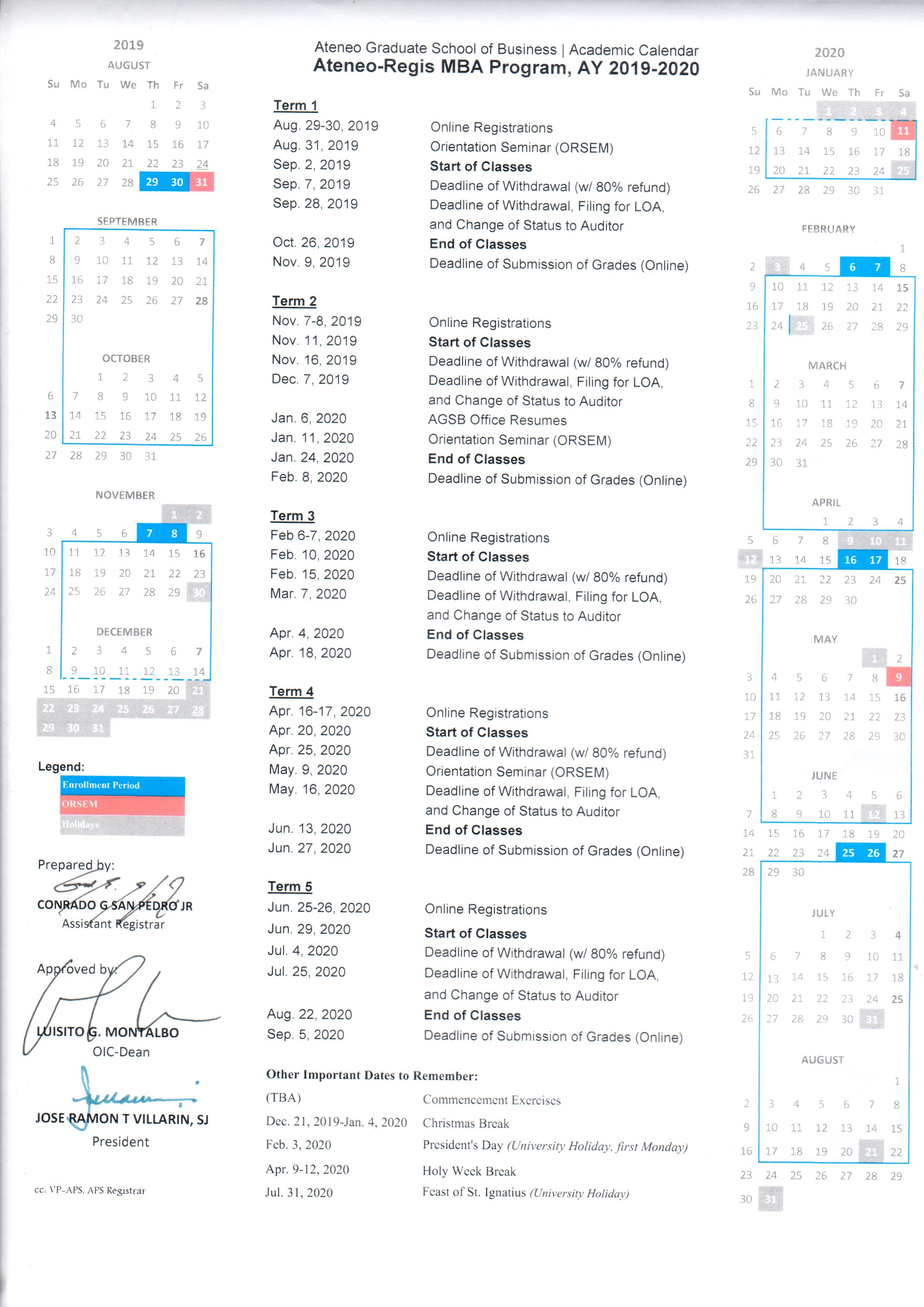 Academic Calendar Sy 2019-2020 | Ateneo Graduate School Of