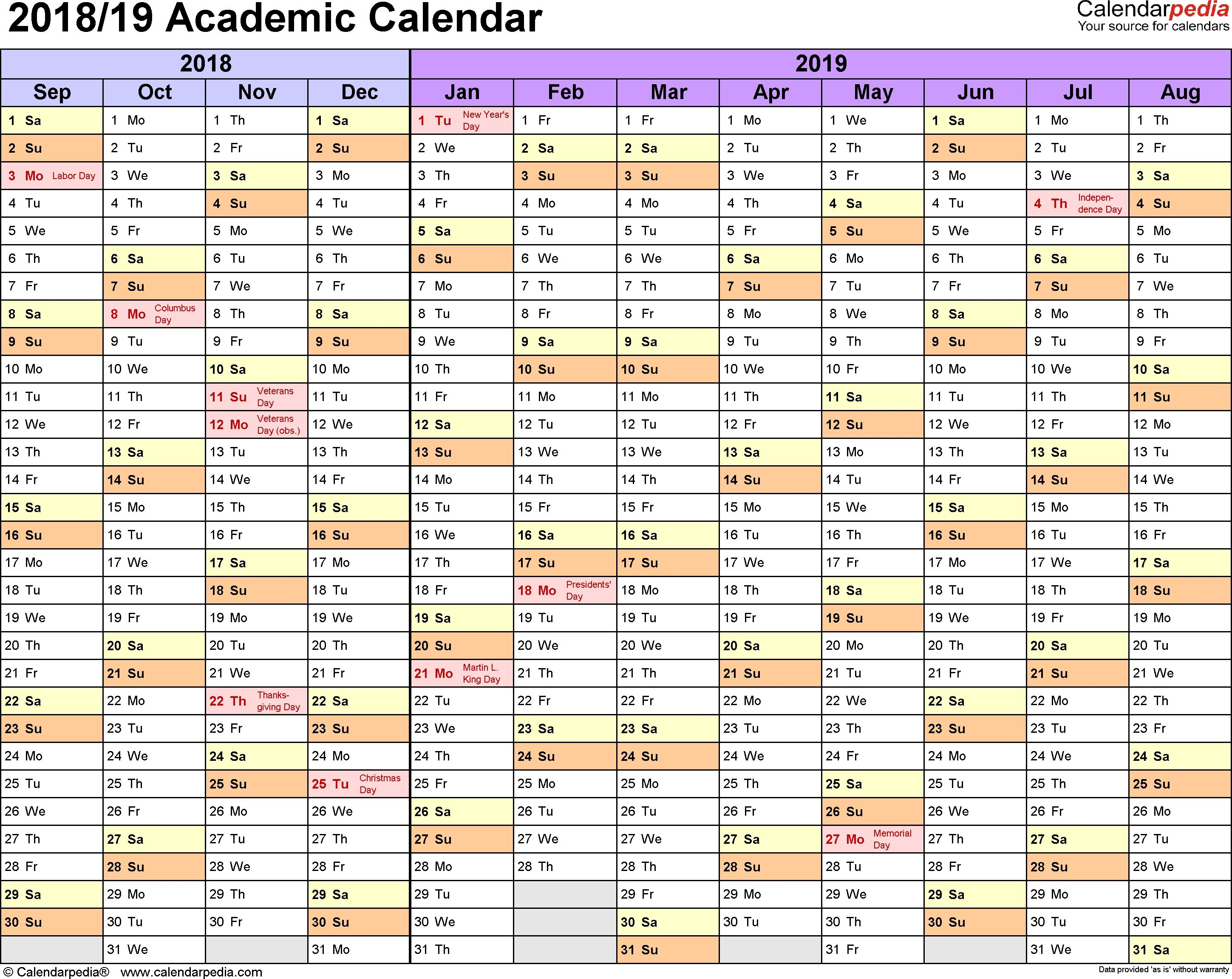 Academic Calendars 2018/2019 - Free Printable Excel