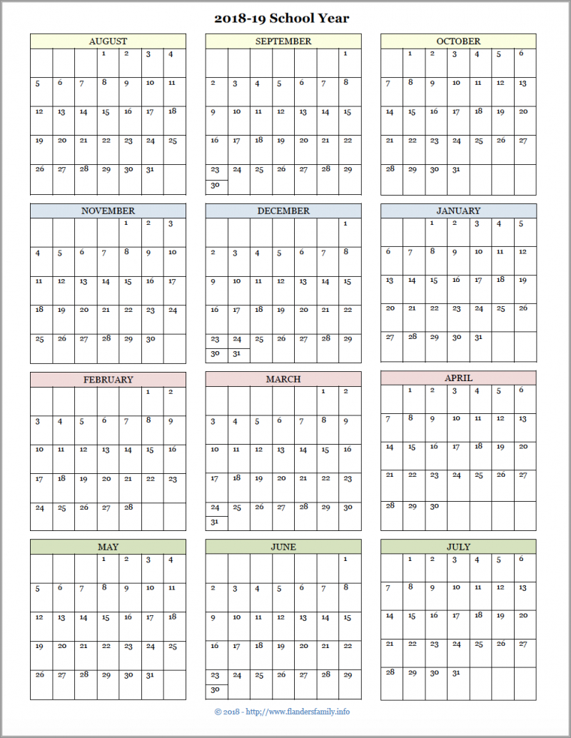 Academic Calendars For 2018-19 School Year (Free Printable