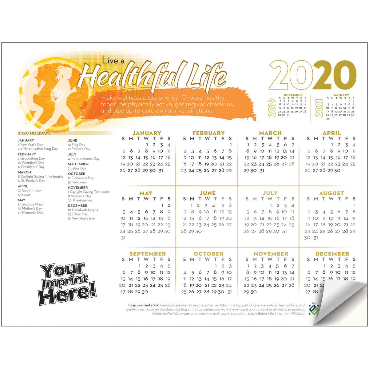 Adhesive Wall Calendar - 2020 Live A Healthful Life (Health &amp; Wellness)