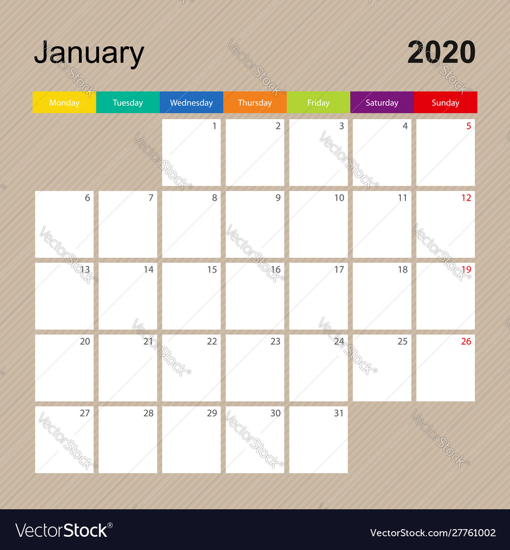 Alendar Page For January 2020 Wall Planner With