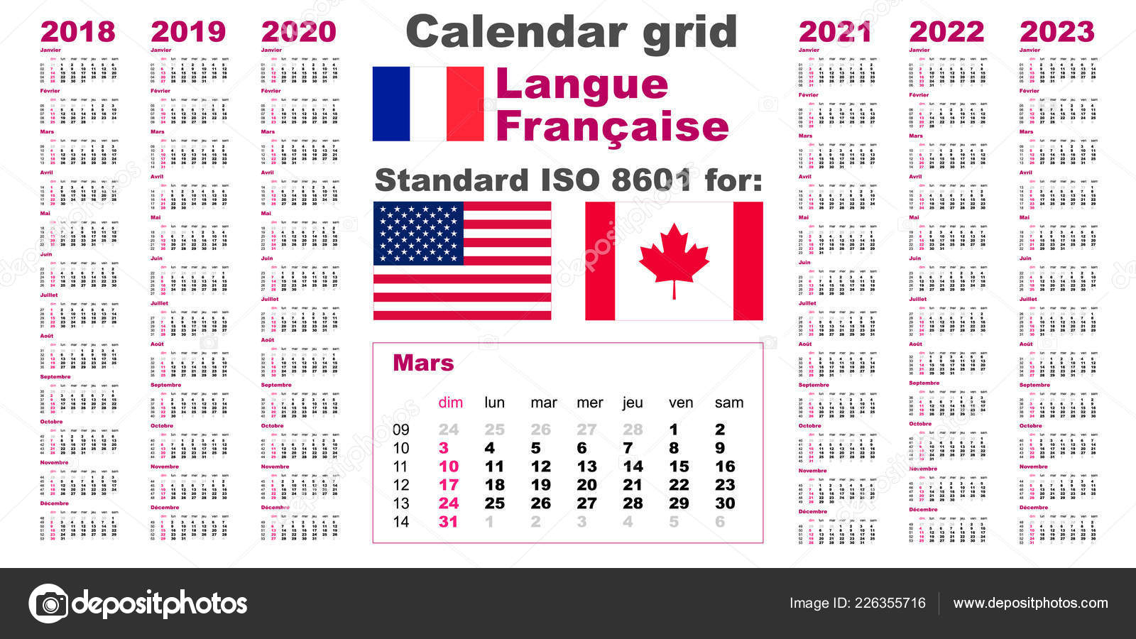 American Calendar Standard Us. French, Gaulish Language 2018