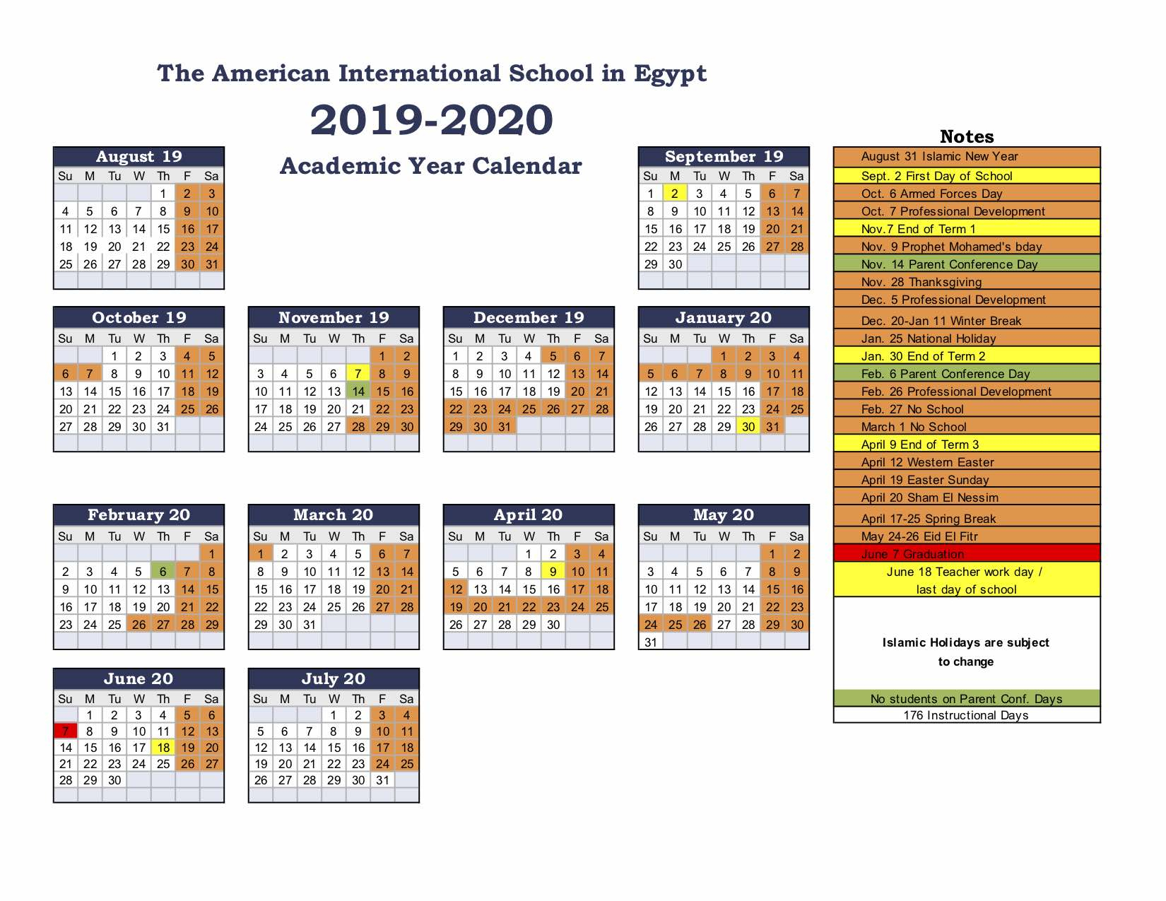 American International School Of Egypt: School Calendar