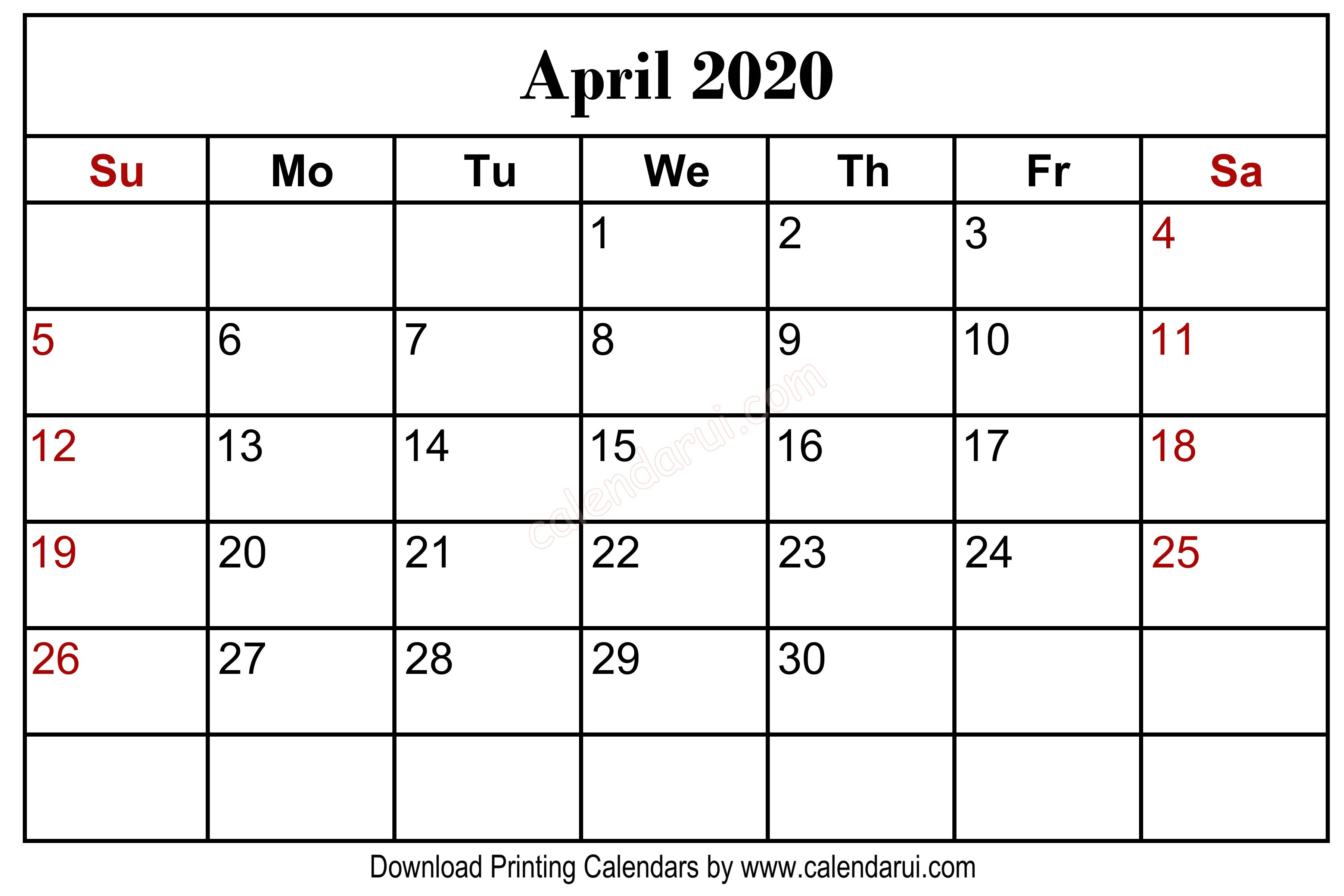 April 2020 Blank Calendar Printable Centre Header | Blank