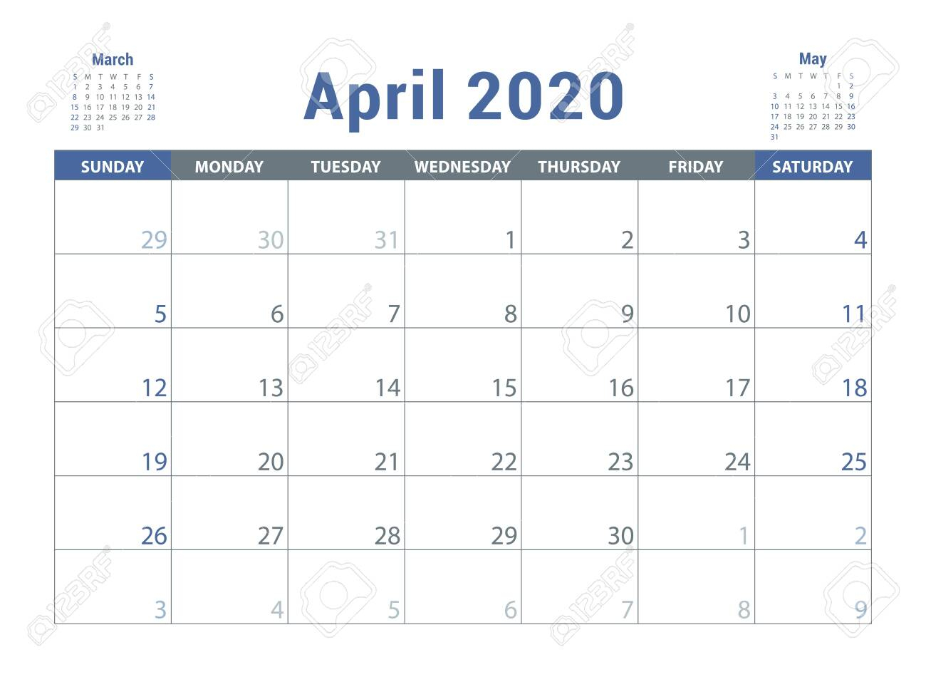 April 2020 Calendar. English Planner. Ð¡olor Vector Template. Week Starts  On Sunday. Business Planning. New Year Calender. Clean Minimal Table.  Simple