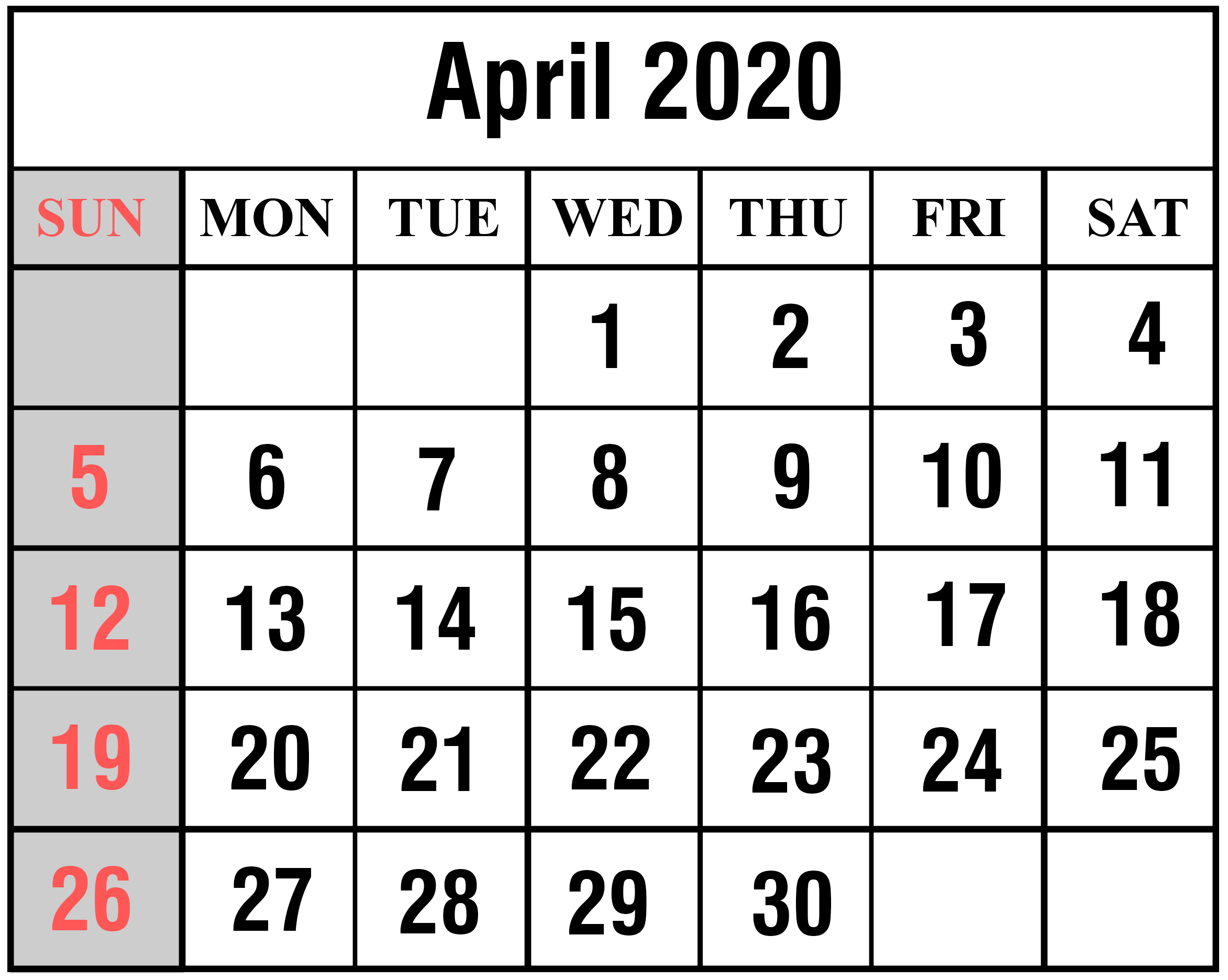 Calendar 2020 April May