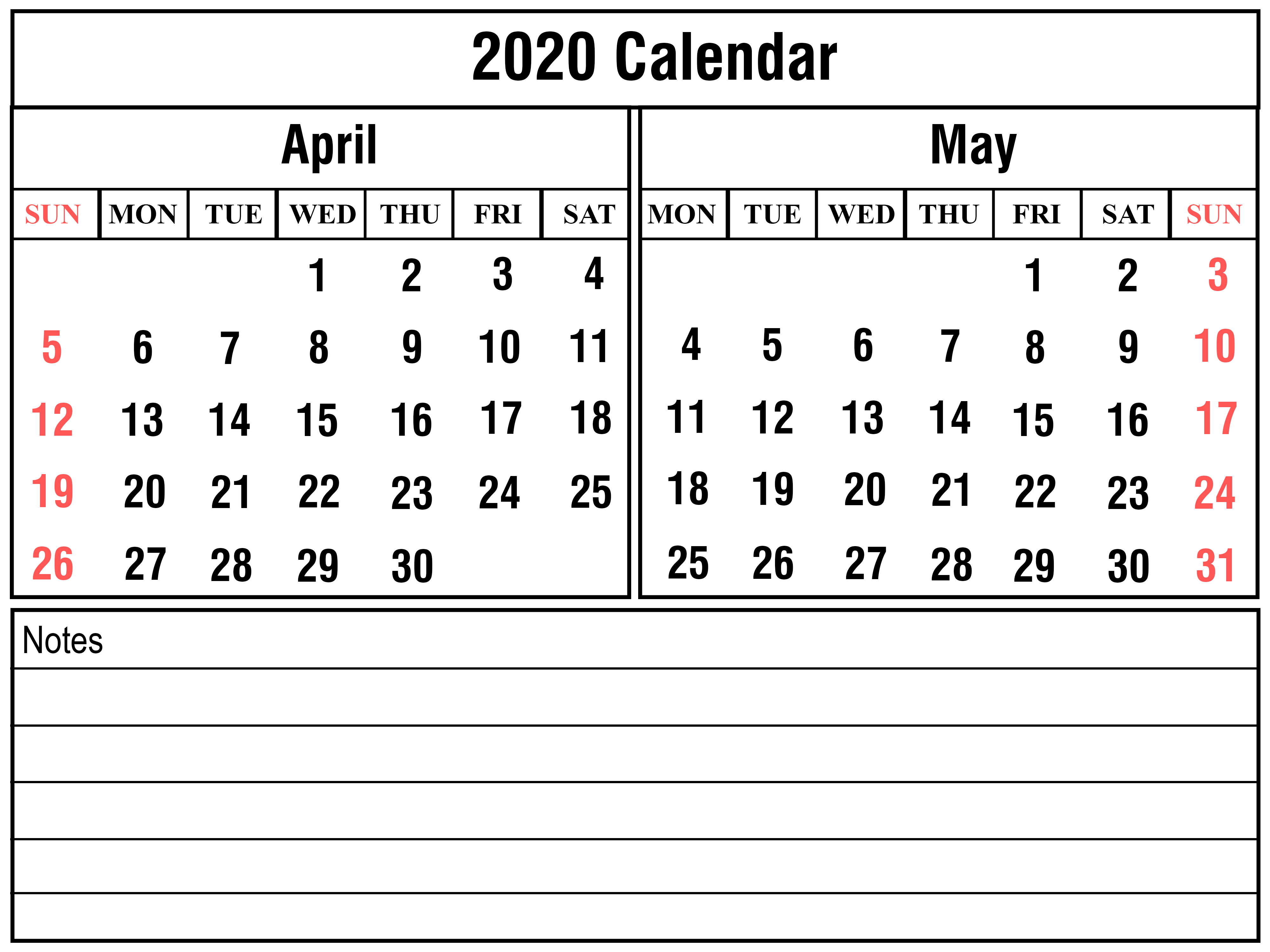 April 2020 Calendar | Printable April Calendar Template
