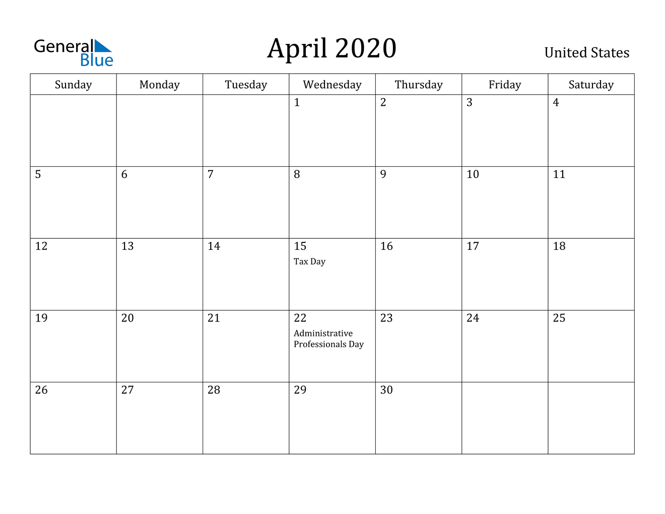 April 2020 Calendar - United States