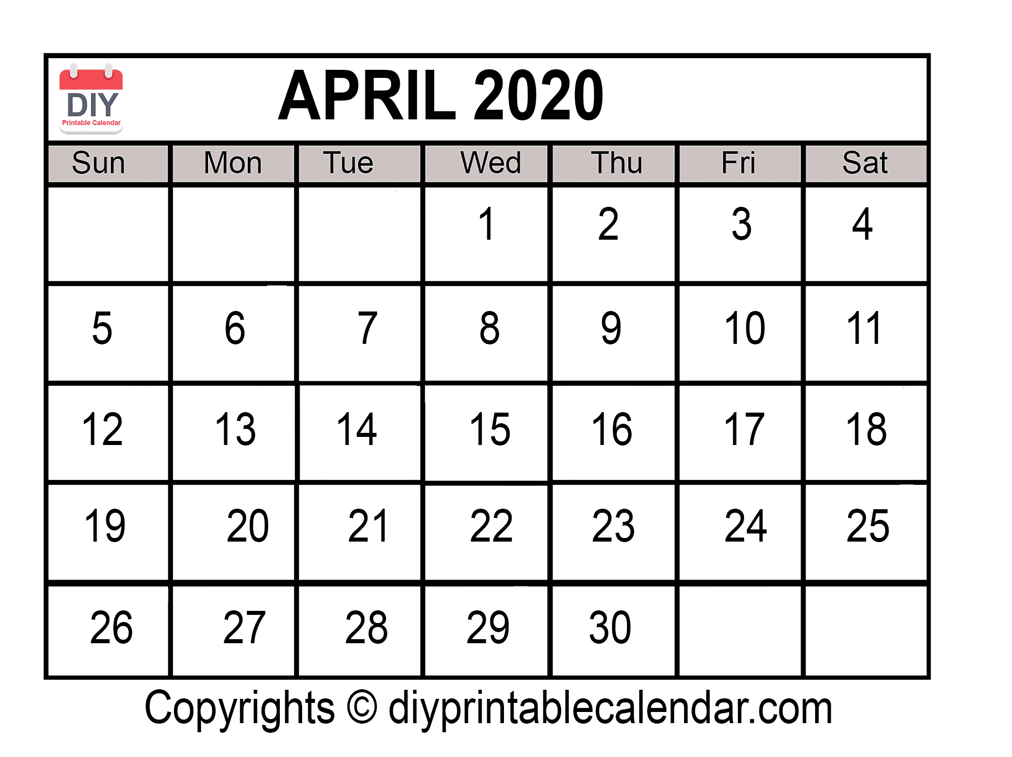 April 2020 Printable Calendar Template
