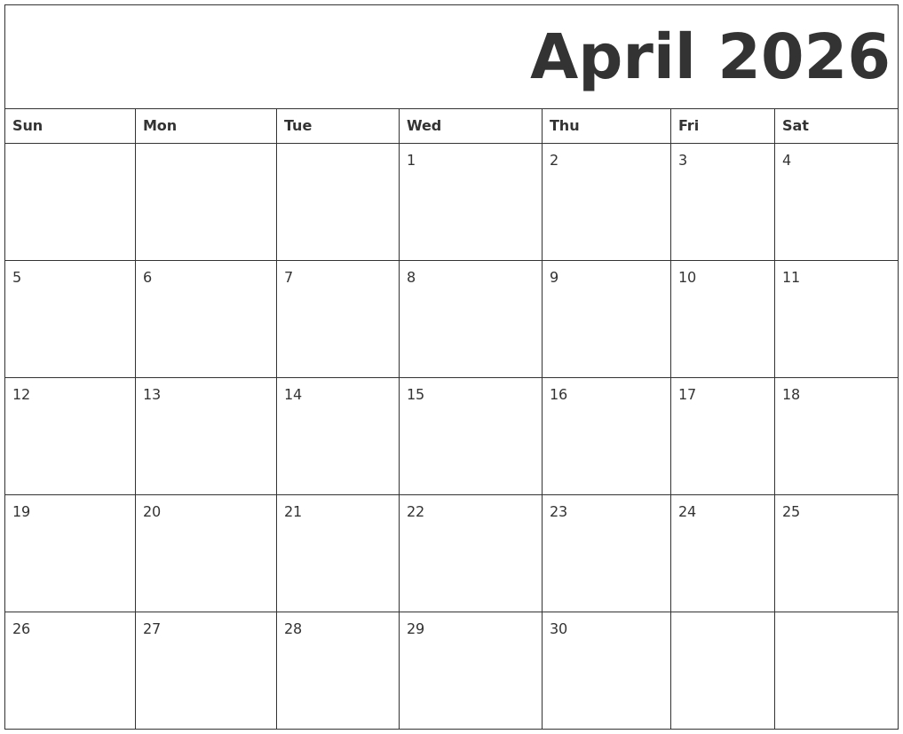 April 2026 Free Printable Calendar